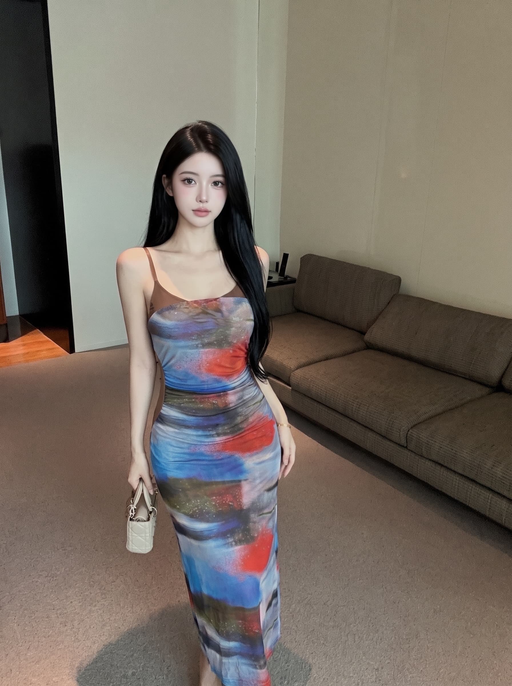 실사 순수한 욕망 바람 꽃무늬 패치워크 민소매 망사 슬립 드레스 플리츠 허리 수축 중간 길이 무릎 아래 치마 여성 이미지 2