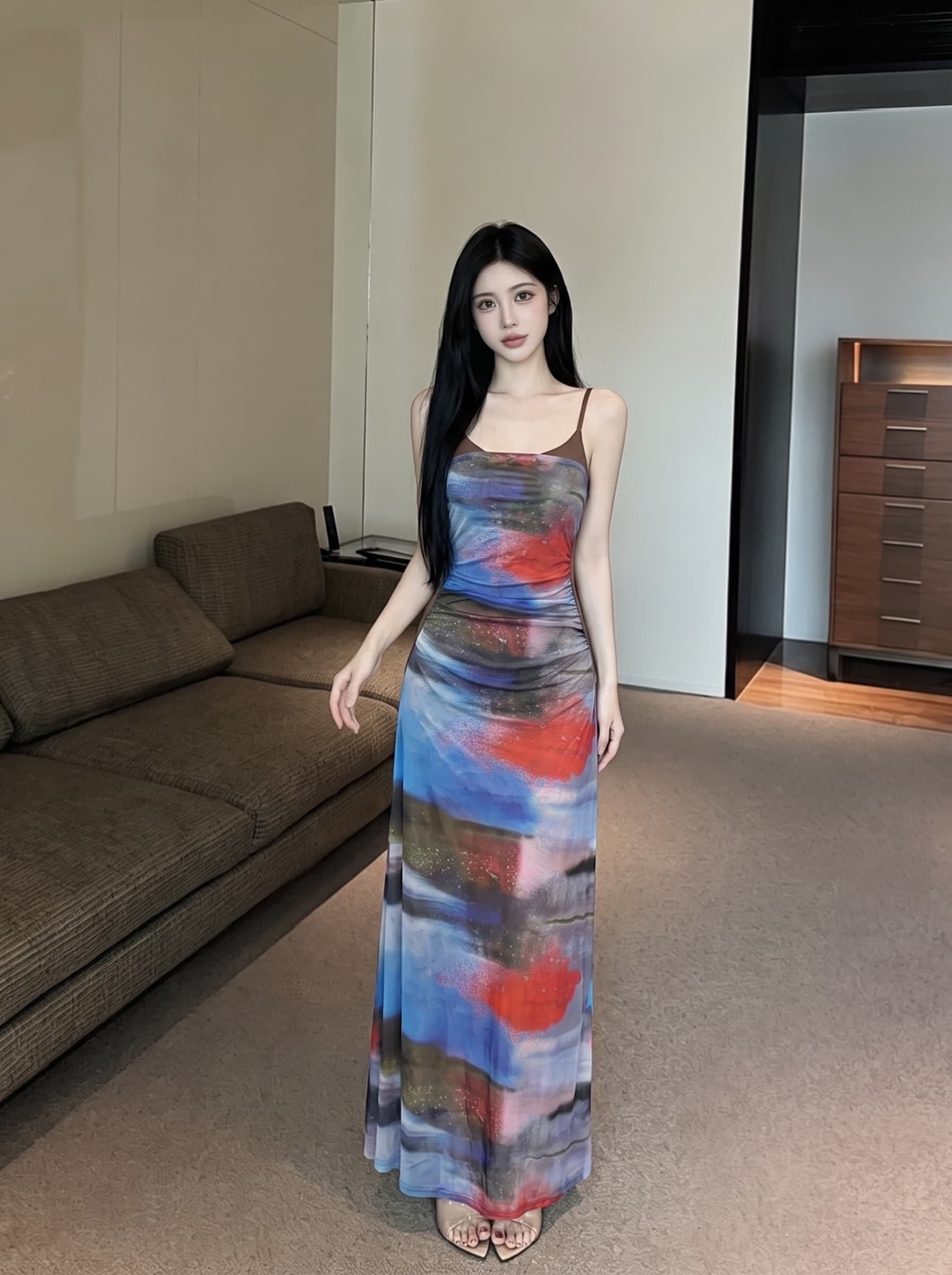 실사 순수한 욕망 바람 꽃무늬 패치워크 민소매 망사 슬립 드레스 플리츠 허리 수축 중간 길이 무릎 아래 치마 여성 이미지 4