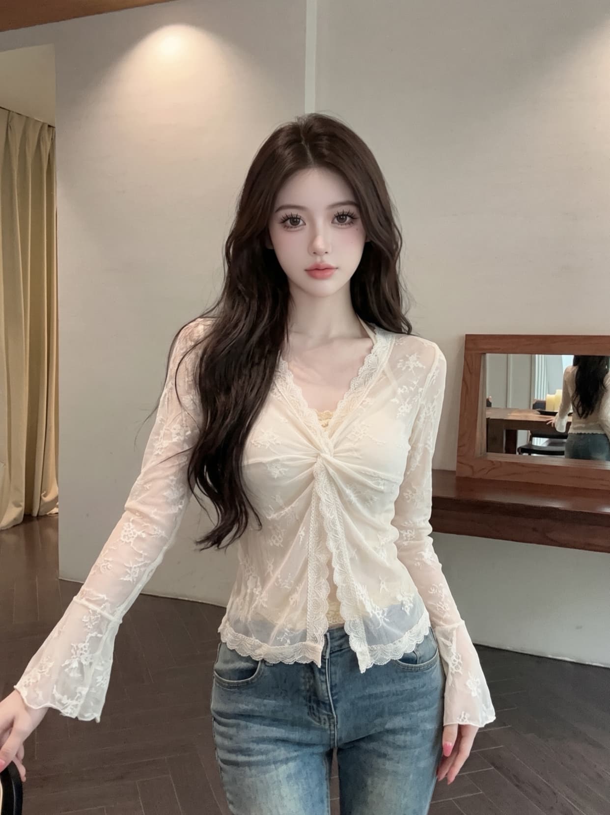 실사 핫걸 순수한 욕망 바람 페이크 레이어드 V넥 비틀림 레이스 셔츠 여성 여름 몸매 가꾸기 슬림해 보이는 고유 한 아름다운 맨위 상세 이미지 4