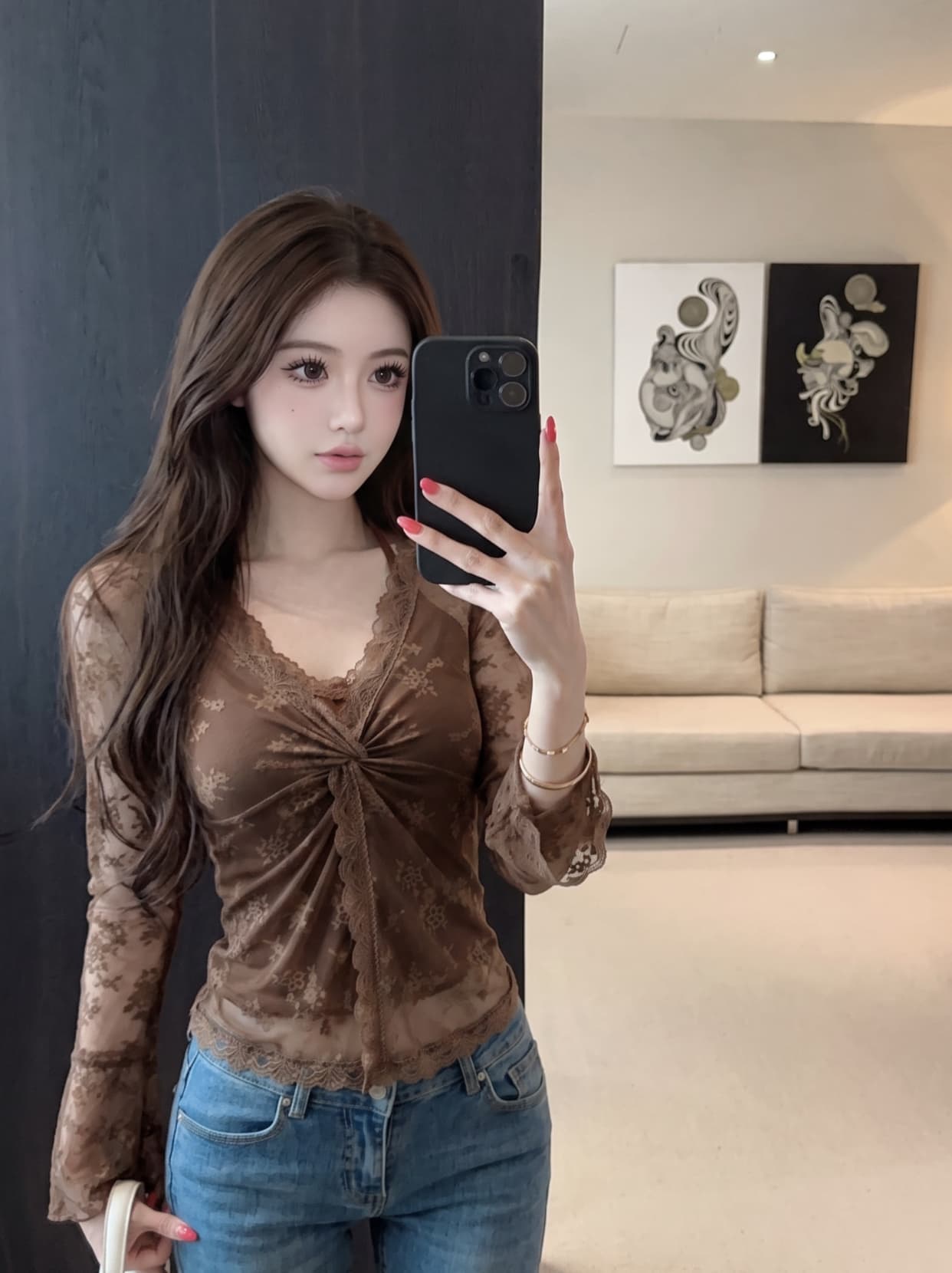 실사 핫걸 순수한 욕망 바람 페이크 레이어드 V넥 비틀림 레이스 셔츠 여성 여름 몸매 가꾸기 슬림해 보이는 고유 한 아름다운 맨위 상세 이미지 9