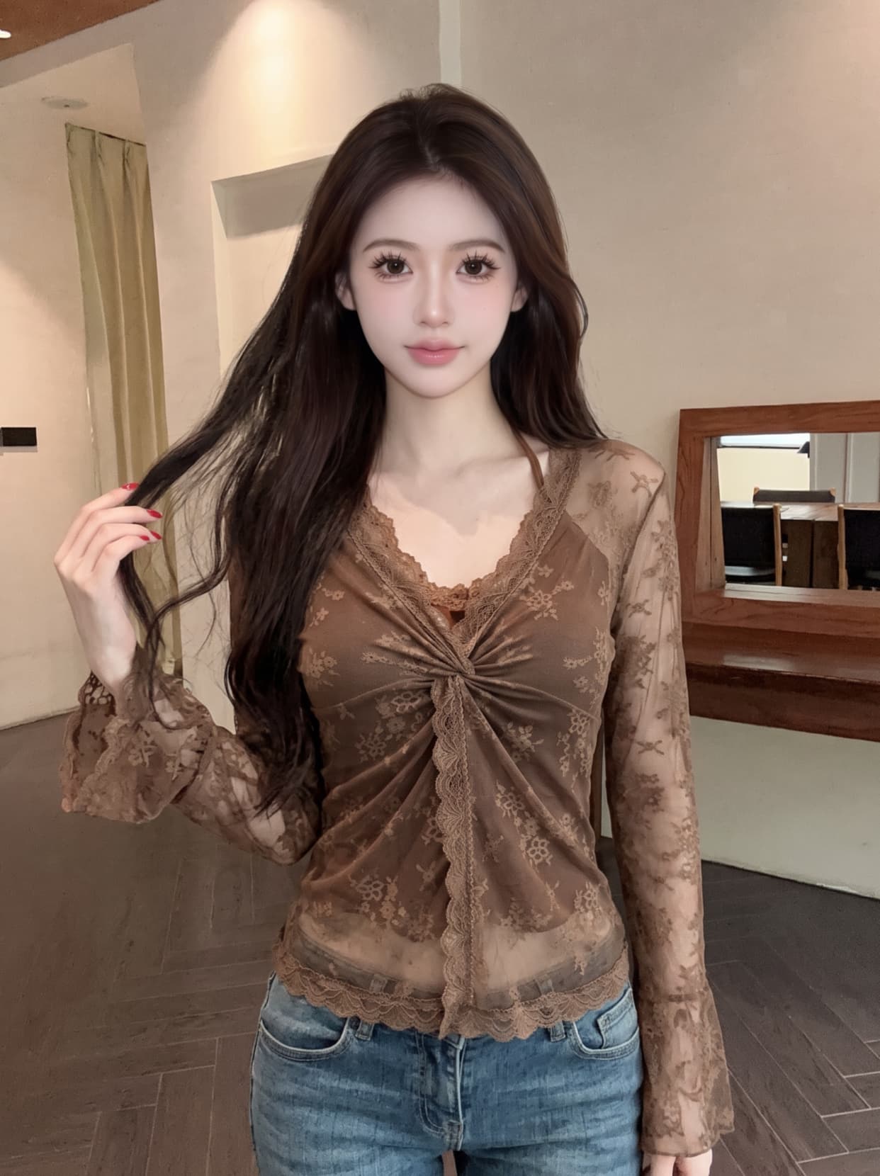 실사 핫걸 순수한 욕망 바람 페이크 레이어드 V넥 비틀림 레이스 셔츠 여성 여름 몸매 가꾸기 슬림해 보이는 고유 한 아름다운 맨위 상세 이미지 10