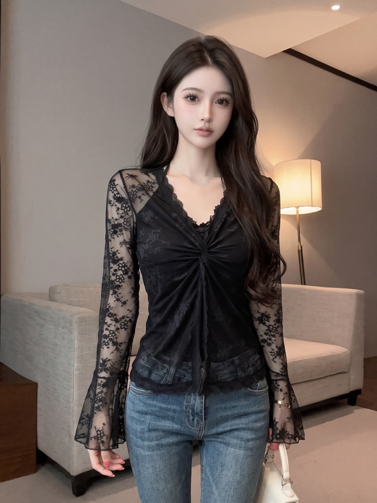 실사 핫걸 순수한 욕망 바람 페이크 레이어드 V넥 비틀림 레이스 셔츠 여성 여름 몸매 가꾸기 슬림해 보이는 고유 한 아름다운 맨위 상세 이미지 13