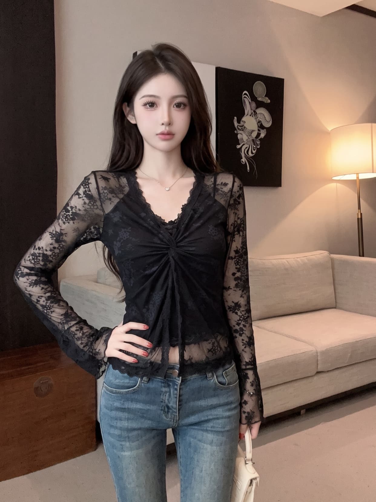 실사 핫걸 순수한 욕망 바람 페이크 레이어드 V넥 비틀림 레이스 셔츠 여성 여름 몸매 가꾸기 슬림해 보이는 고유 한 아름다운 맨위 상세 이미지 14