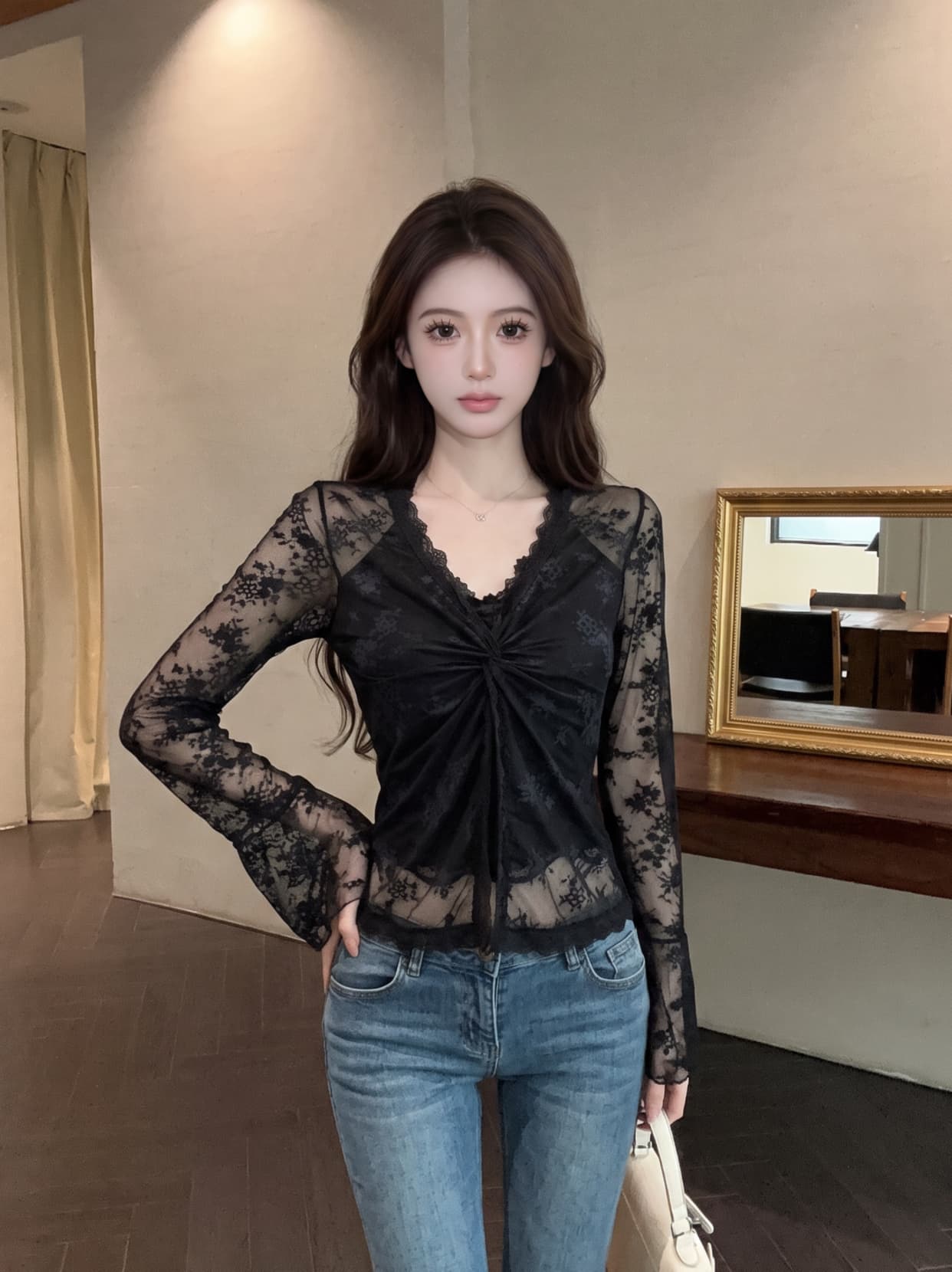 실사 핫걸 순수한 욕망 바람 페이크 레이어드 V넥 비틀림 레이스 셔츠 여성 여름 몸매 가꾸기 슬림해 보이는 고유 한 아름다운 맨위 상세 이미지 15