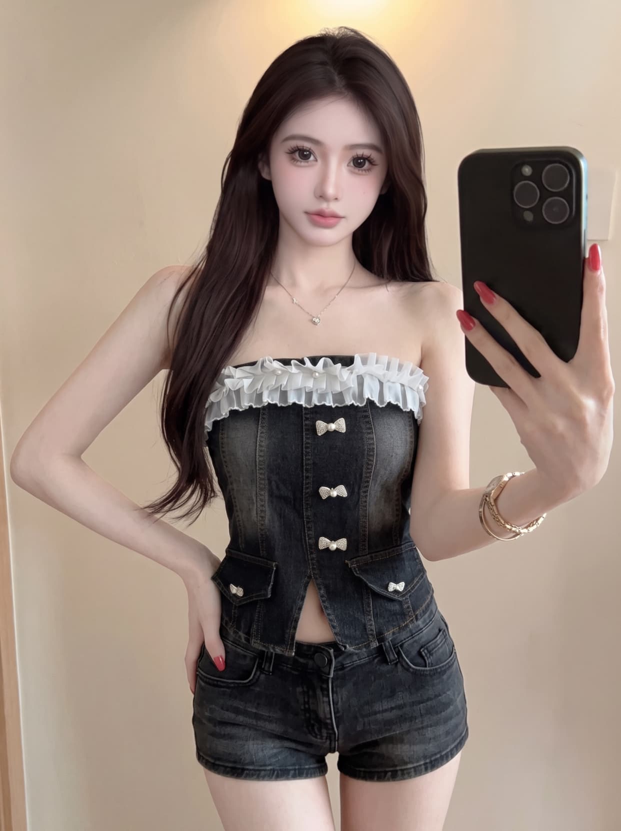 실사 달콤한 매운맛 바람 망사 레이스 데님 튜브탑 여성 여름 작은 대중 디자인 센스 나비 단추 민소매 맨위 상세 이미지 5