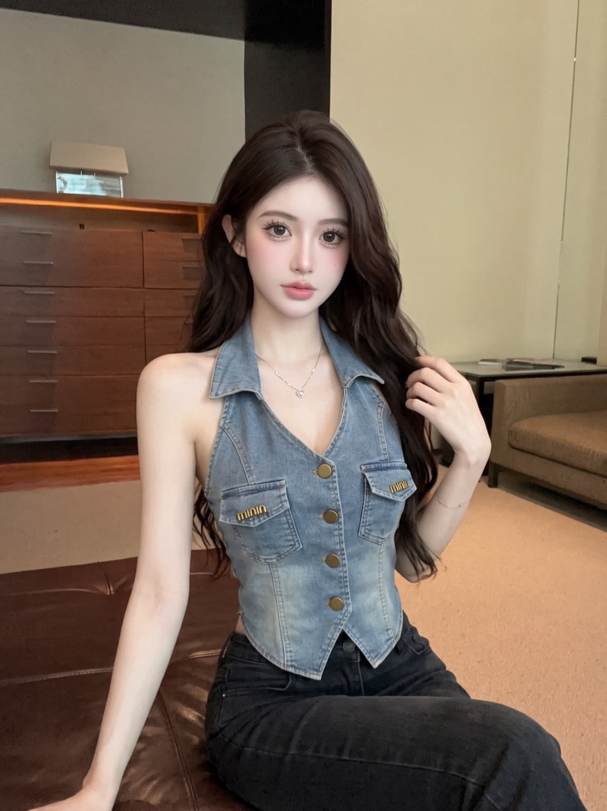 실사 한 부서 출퇴근 바람 폴로 칼라 데님 조끼 여성 여름 몸매 가꾸기 슬림해 보이는 금속 버클 핫걸 바람 조끼 외출용 상세 이미지 2