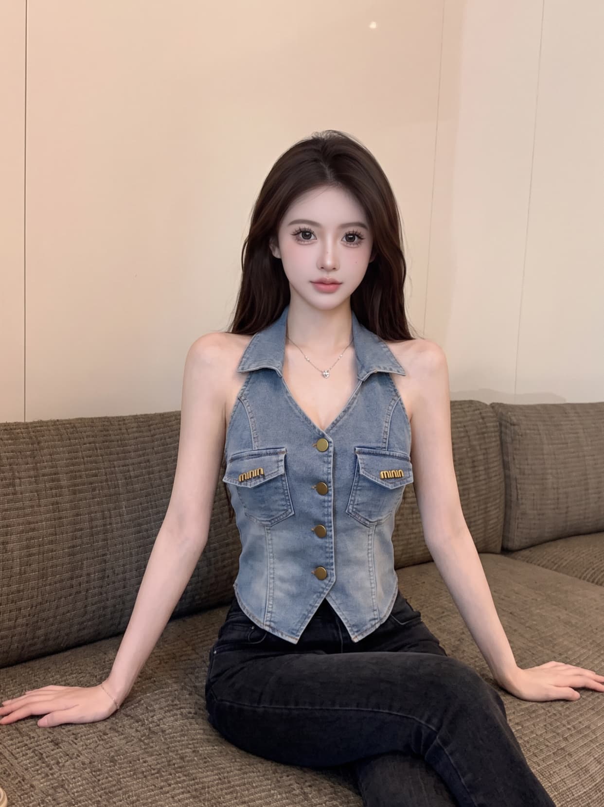 실사 한 부서 출퇴근 바람 폴로 칼라 데님 조끼 여성 여름 몸매 가꾸기 슬림해 보이는 금속 버클 핫걸 바람 조끼 외출용 상세 이미지 3