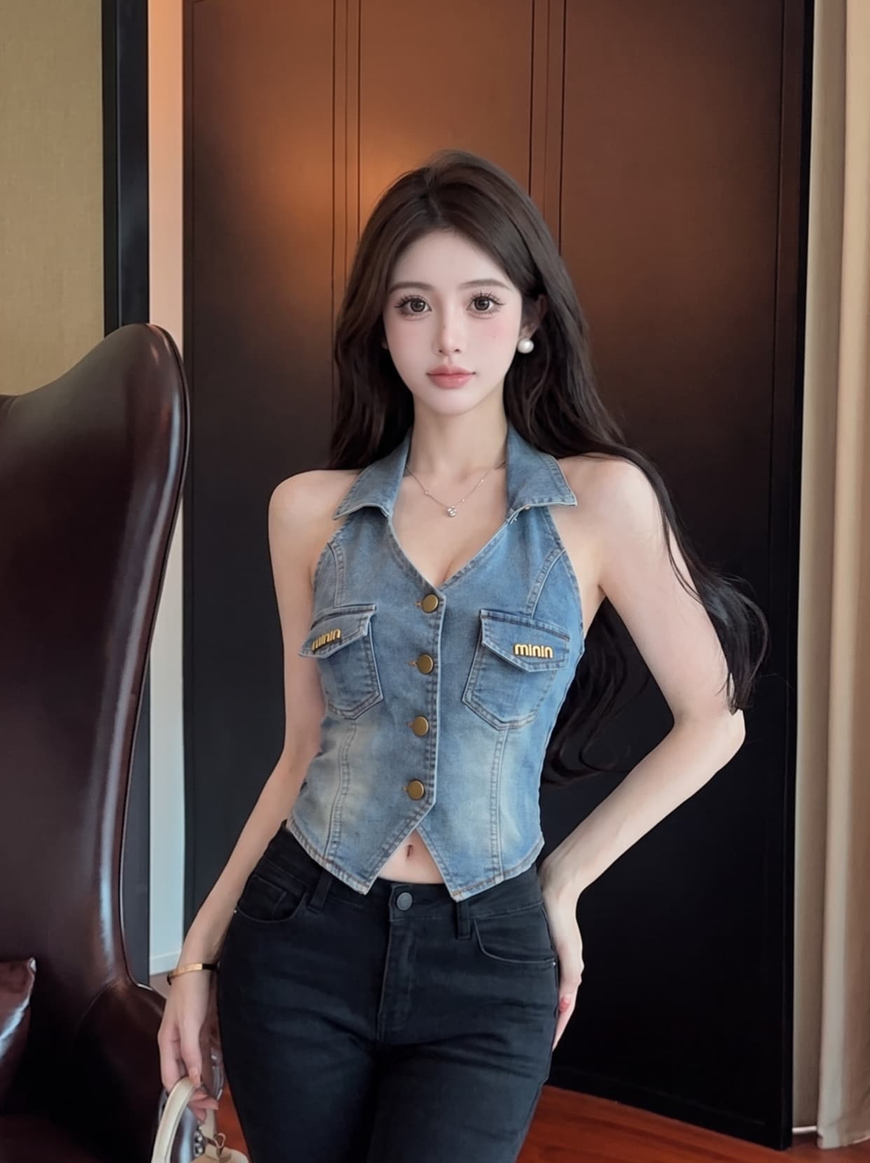 실사 한 부서 출퇴근 바람 폴로 칼라 데님 조끼 여성 여름 몸매 가꾸기 슬림해 보이는 금속 버클 핫걸 바람 조끼 외출용 상세 이미지 4