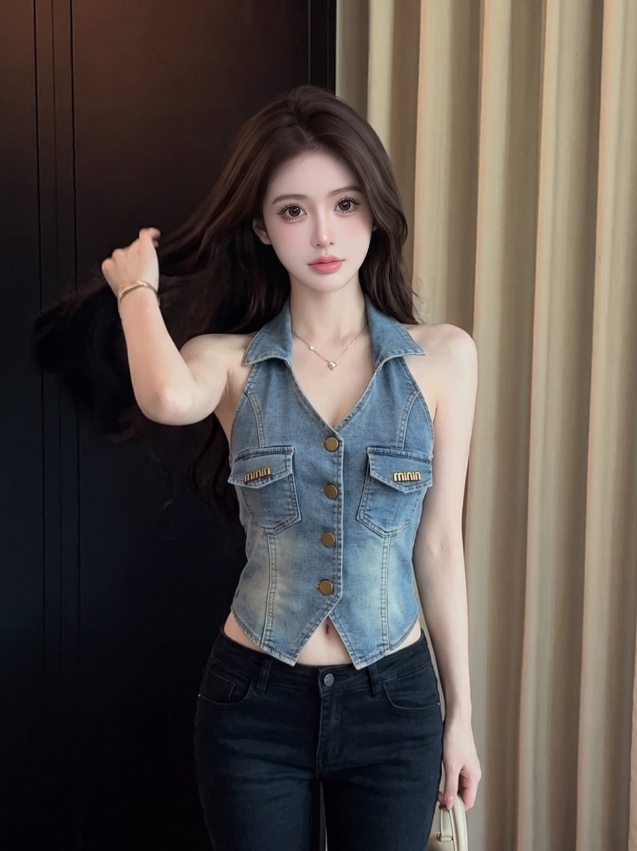 실사 한 부서 출퇴근 바람 폴로 칼라 데님 조끼 여성 여름 몸매 가꾸기 슬림해 보이는 금속 버클 핫걸 바람 조끼 외출용 상세 이미지 5