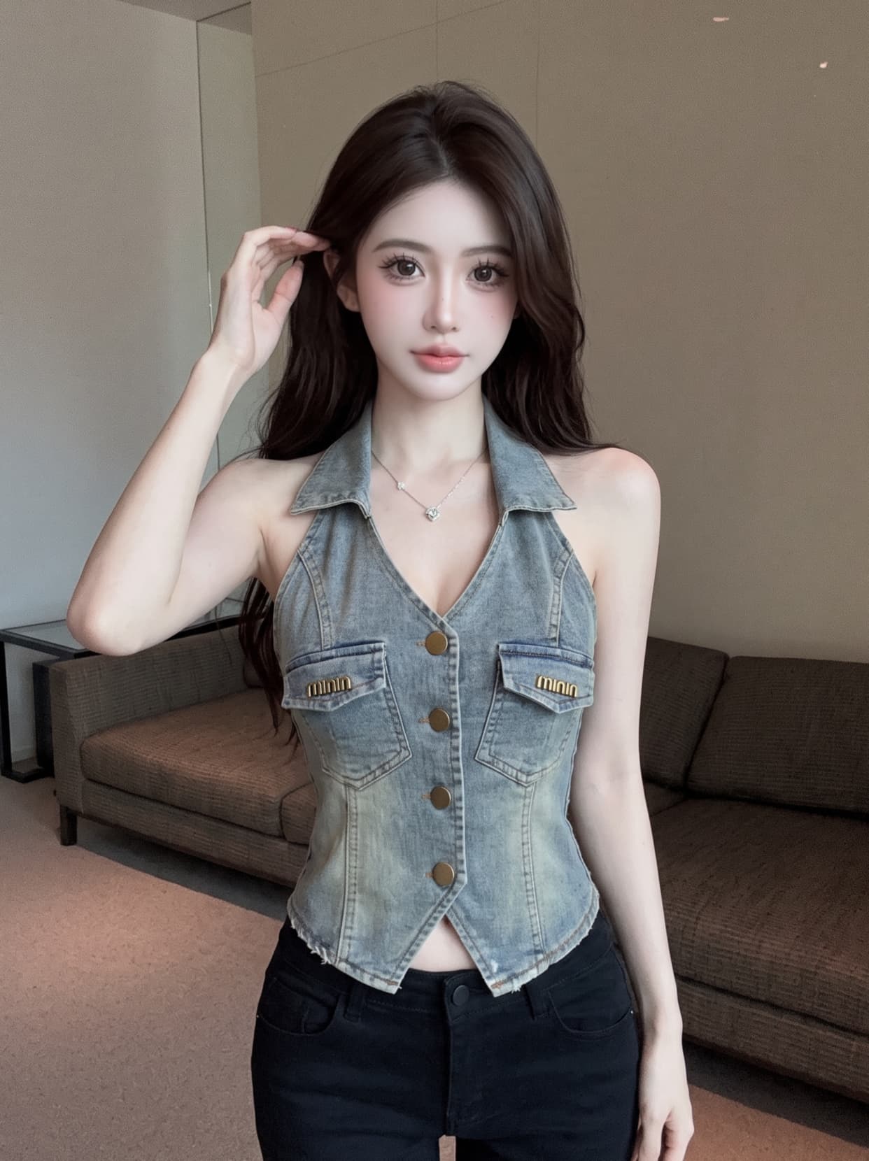 실사 한 부서 출퇴근 바람 폴로 칼라 데님 조끼 여성 여름 몸매 가꾸기 슬림해 보이는 금속 버클 핫걸 바람 조끼 외출용 상세 이미지 7