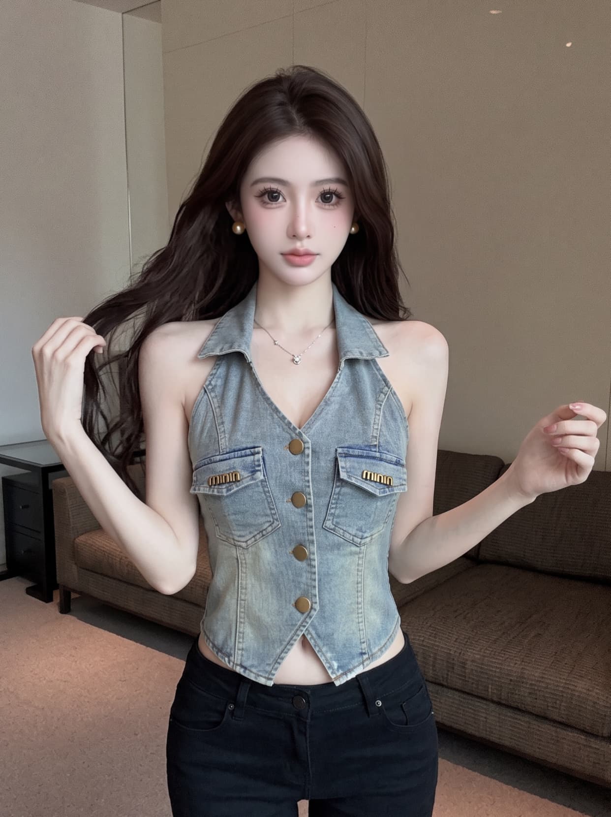 실사 한 부서 출퇴근 바람 폴로 칼라 데님 조끼 여성 여름 몸매 가꾸기 슬림해 보이는 금속 버클 핫걸 바람 조끼 외출용 상세 이미지 8