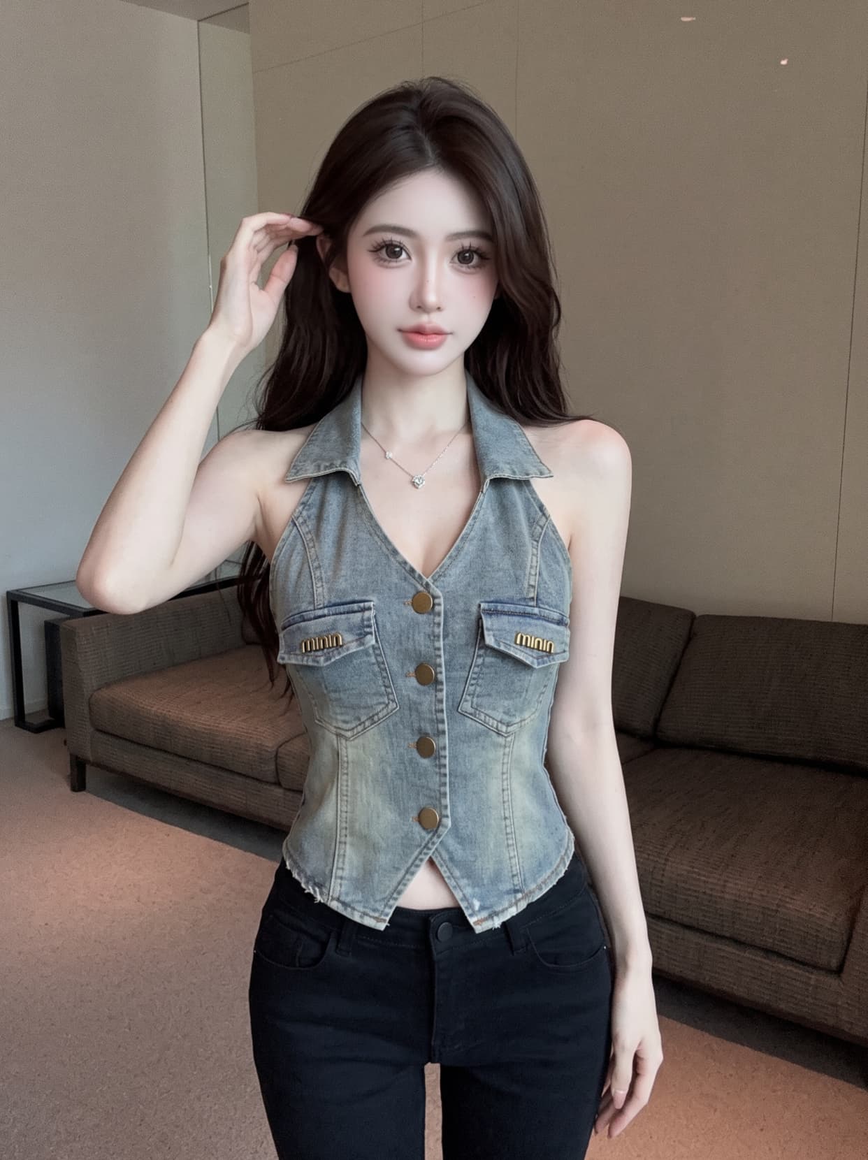 실사 한 부서 출퇴근 바람 폴로 칼라 데님 조끼 여성 여름 몸매 가꾸기 슬림해 보이는 금속 버클 핫걸 바람 조끼 외출용 상세 이미지 9