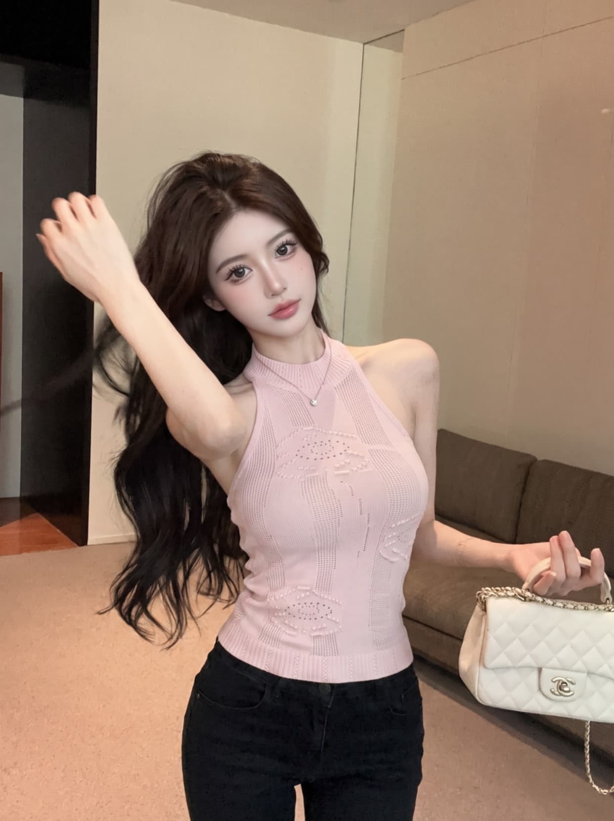 실사 핫걸 홀로우 아웃 트위스트 꽃 니트 행침 목 조끼 여성 여름 새로운 디자인 센스 몸매 가꾸기 슬림해 보이는 쇼트 스타일 맨위 상세 이미지 9