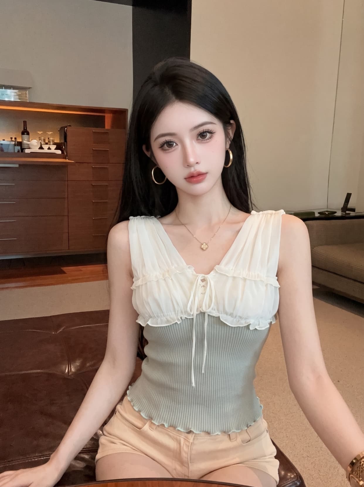 실사 순수한 욕망 바람 품격 V넥 쉬폰 패치워크 니트 조끼 여성 여름 한 부서 몸매 가꾸기 슬림해 보이는 민소매 맨위 상세 이미지 6