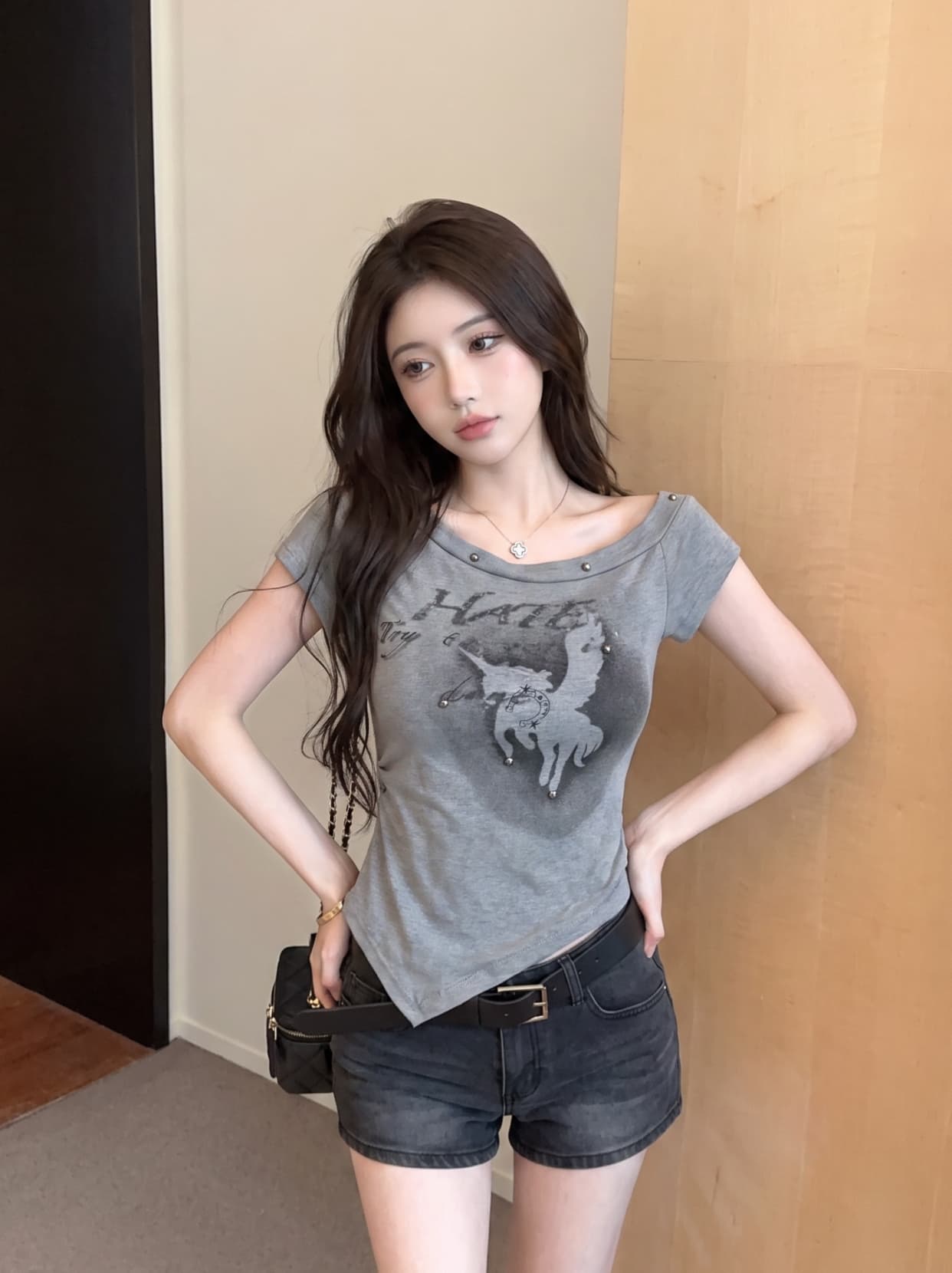 실사 아메리칸 핫걸 버드 나무 못 프린트 반팔 티셔츠 여성 여름 새로운 불규칙 다용도 슬림해 보이는 Chic 맨위 상세 이미지 5