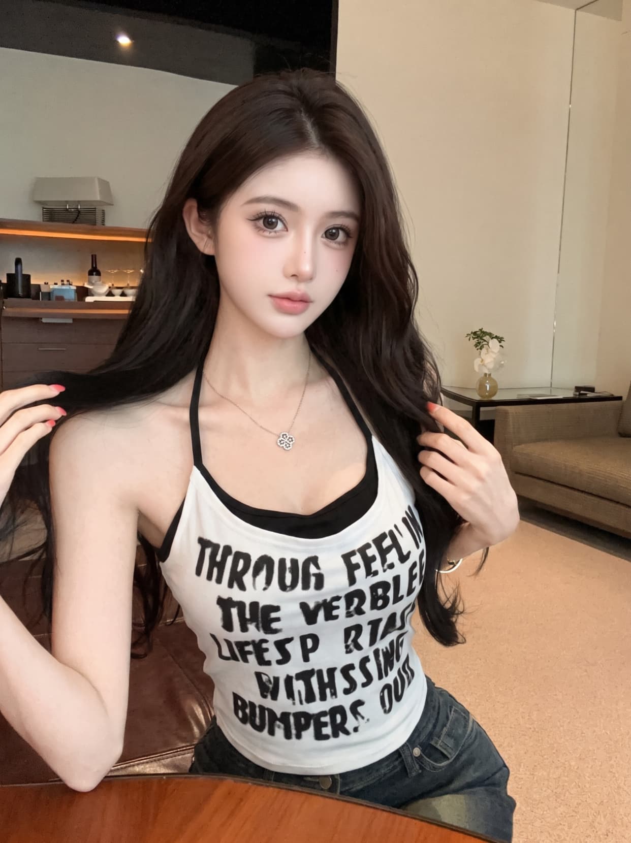 실사 아메리칸 핫걸 바람 페이크 레이어드 캐미솔 여름 알파벳 프린트 행침 목 몸매 가꾸기 슬림해 보이는 맨위 상세 이미지 2