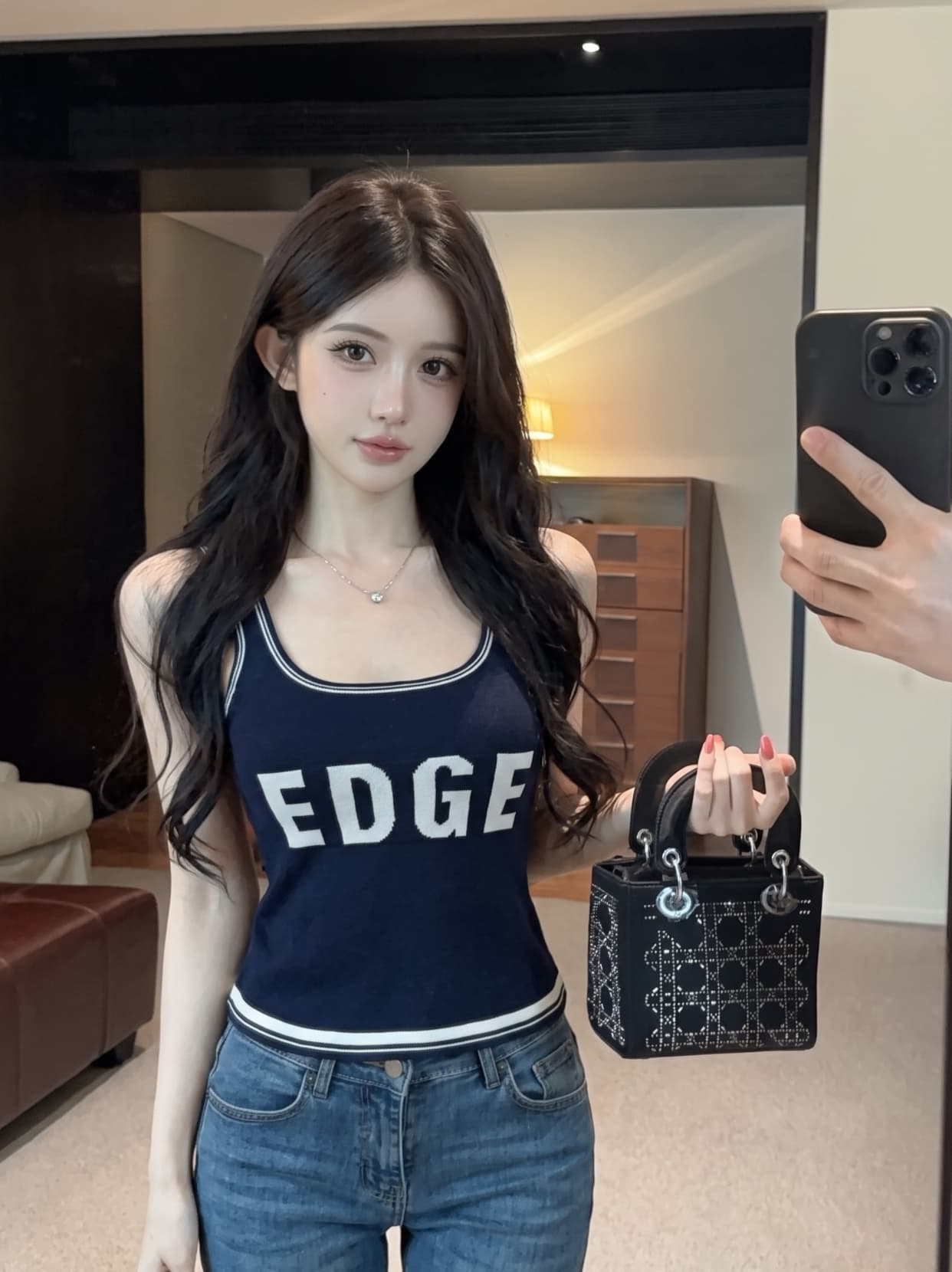 실사 아메리칸 핫걸 바람 알파벳 캐미솔 여름 쇼트 스타일 섹시함 슬림해 보이는 다용도 배색 니트 맨위 이미지 5