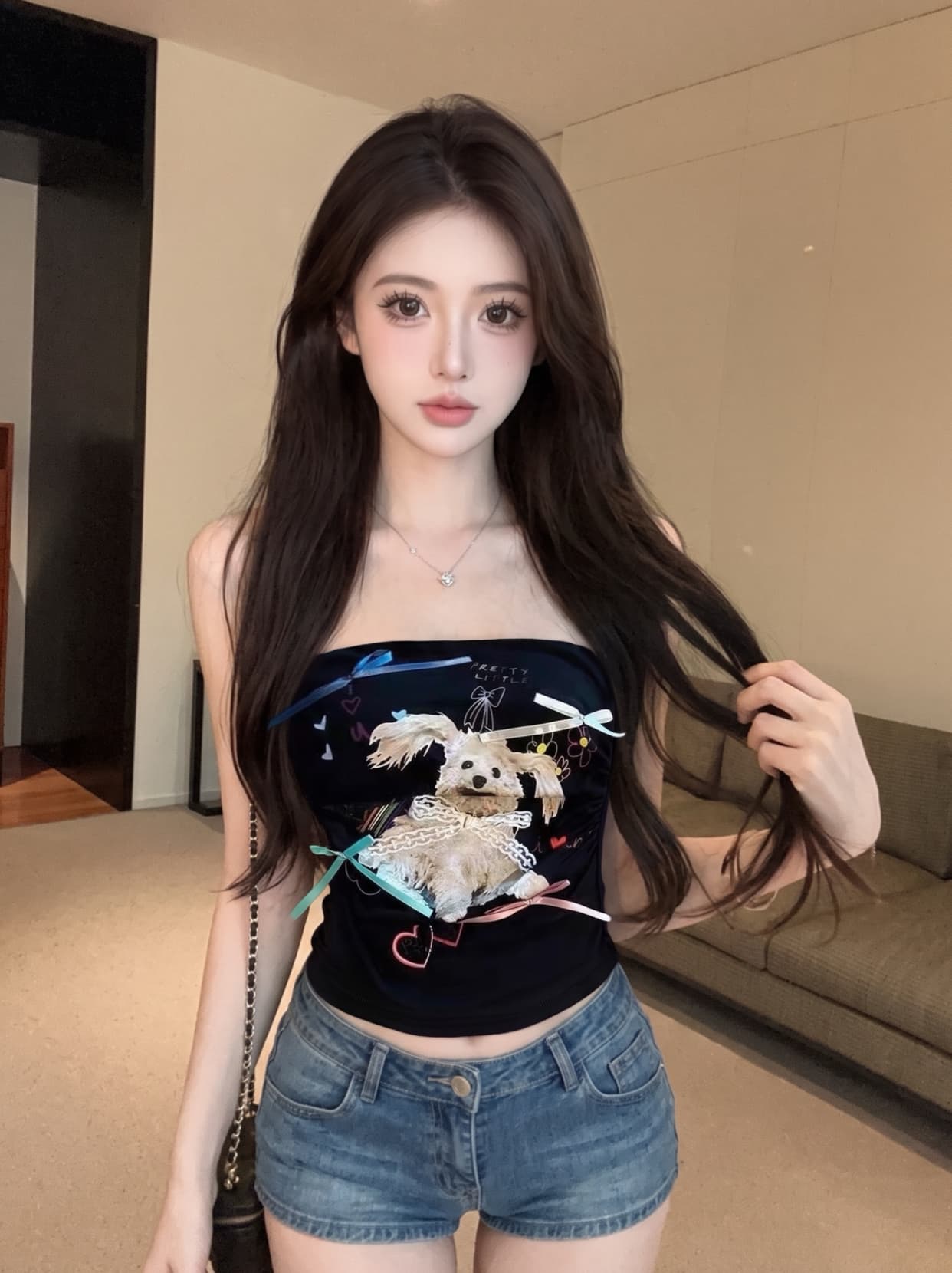 실사 디자인 센스 강아지 프린트 튜브탑 조끼 여성 의류 여름 레트로 주름 나비 매듭 쇼트 스타일 맨위 이미지 4
