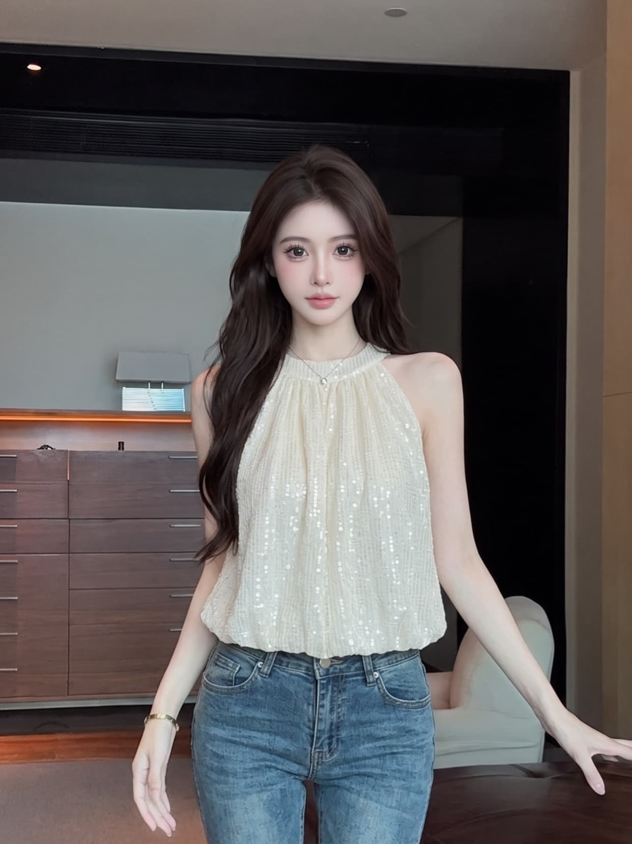 실사 프랑스식 빛나는 오프숄더 행침 목 맨위 여성 여름 부드러운 바람 고급 센스 작은 대중 디자인 쉬폰 작은 셔츠 이미지 2