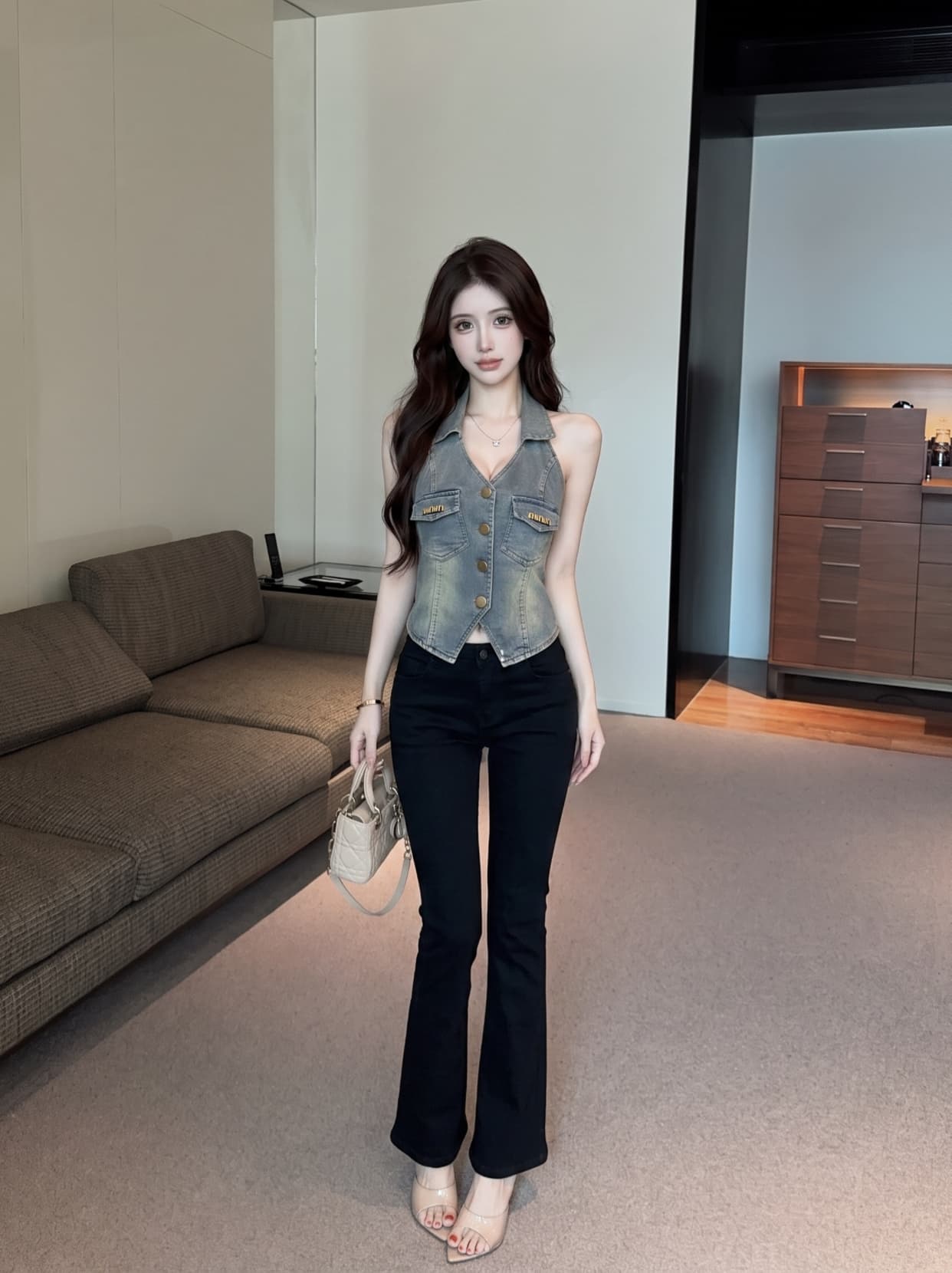 실사 한 부서 출퇴근 바람 폴로 칼라 데님 조끼 여성 여름 몸매 가꾸기 슬림해 보이는 금속 버클 핫걸 바람 조끼 외출용 이미지 5