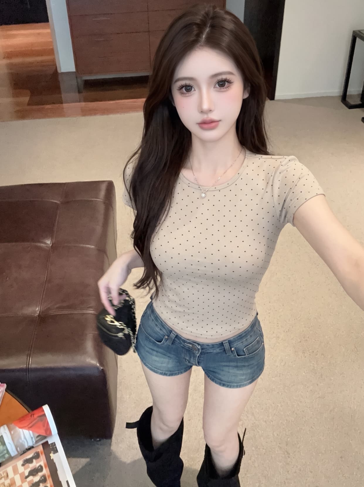 실사 라운드 넥 도트 무늬 긍정적 인 어깨 반팔 티셔츠 여성 여름 몸매 가꾸기 허리 수축 만나는 쇼트 스타일 달콤한 자매 바람 아름다운 맨위 상세 이미지 1