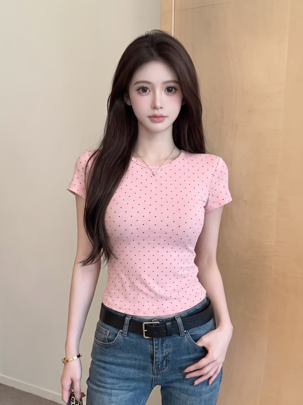 실사 라운드 넥 도트 무늬 긍정적 인 어깨 반팔 티셔츠 여성 여름 몸매 가꾸기 허리 수축 만나는 쇼트 스타일 달콤한 자매 바람 아름다운 맨위 상세 이미지 2