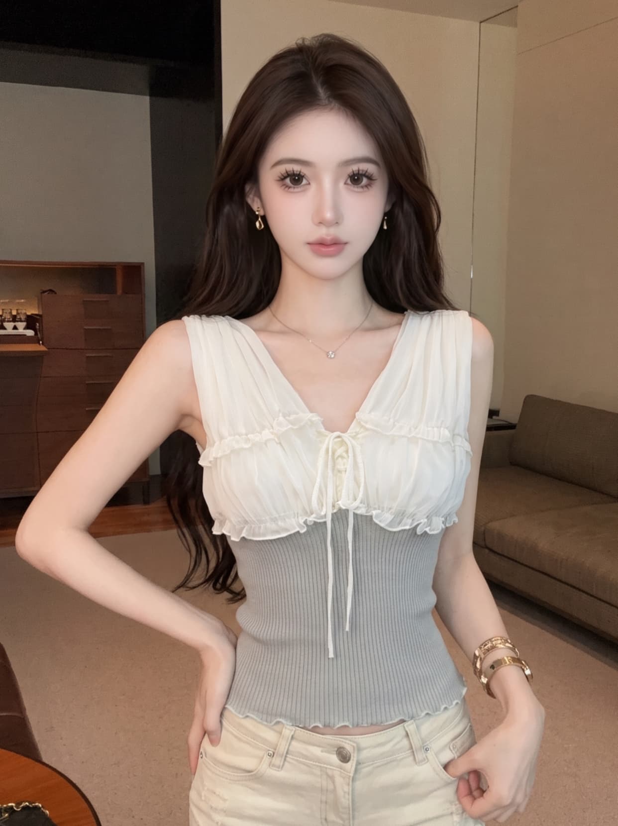 실사 순수한 욕망 바람 품격 V넥 쉬폰 패치워크 니트 조끼 여성 여름 한 부서 몸매 가꾸기 슬림해 보이는 민소매 맨위 상세 이미지 1