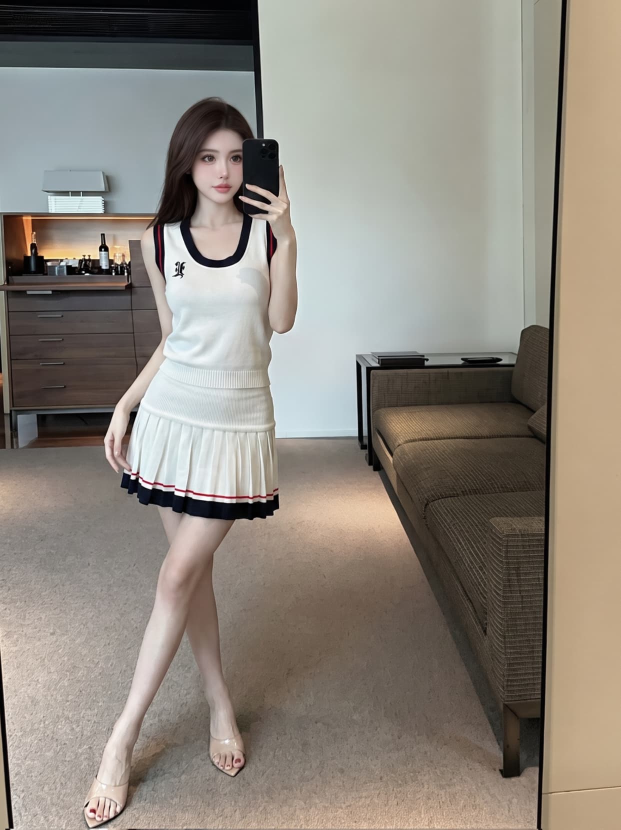 실사 한 부서 학원 스타일 니트 캐미솔 배색 플리츠 반신 스커트 여성 몸매 가꾸기 슬림해 보이는 투피스 슈트 상세 이미지 1