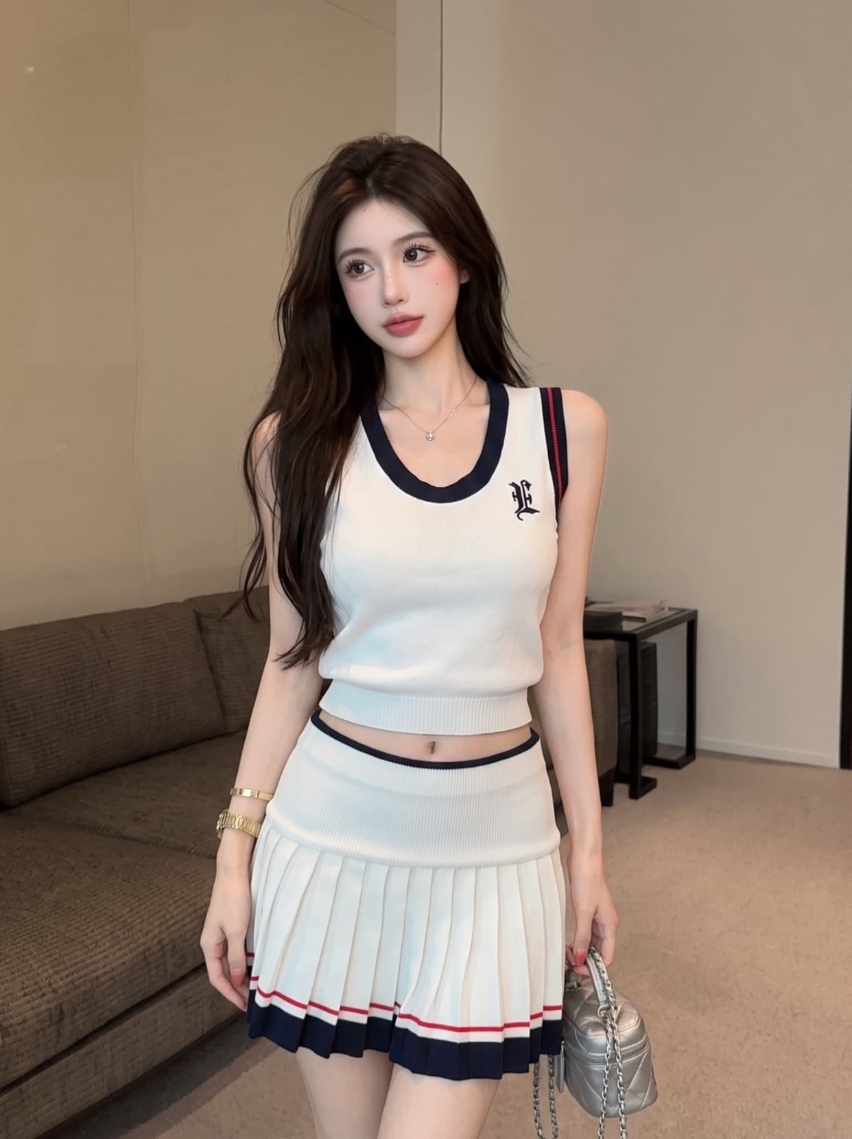 실사 한 부서 학원 스타일 니트 캐미솔 배색 플리츠 반신 스커트 여성 몸매 가꾸기 슬림해 보이는 투피스 슈트 상세 이미지 4