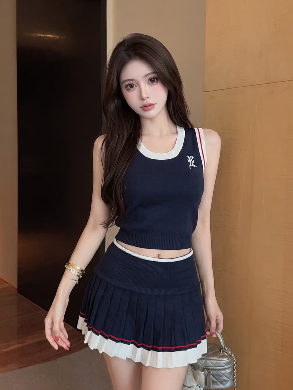 실사 한 부서 학원 스타일 니트 캐미솔 배색 플리츠 반신 스커트 여성 몸매 가꾸기 슬림해 보이는 투피스 슈트 상세 이미지 9