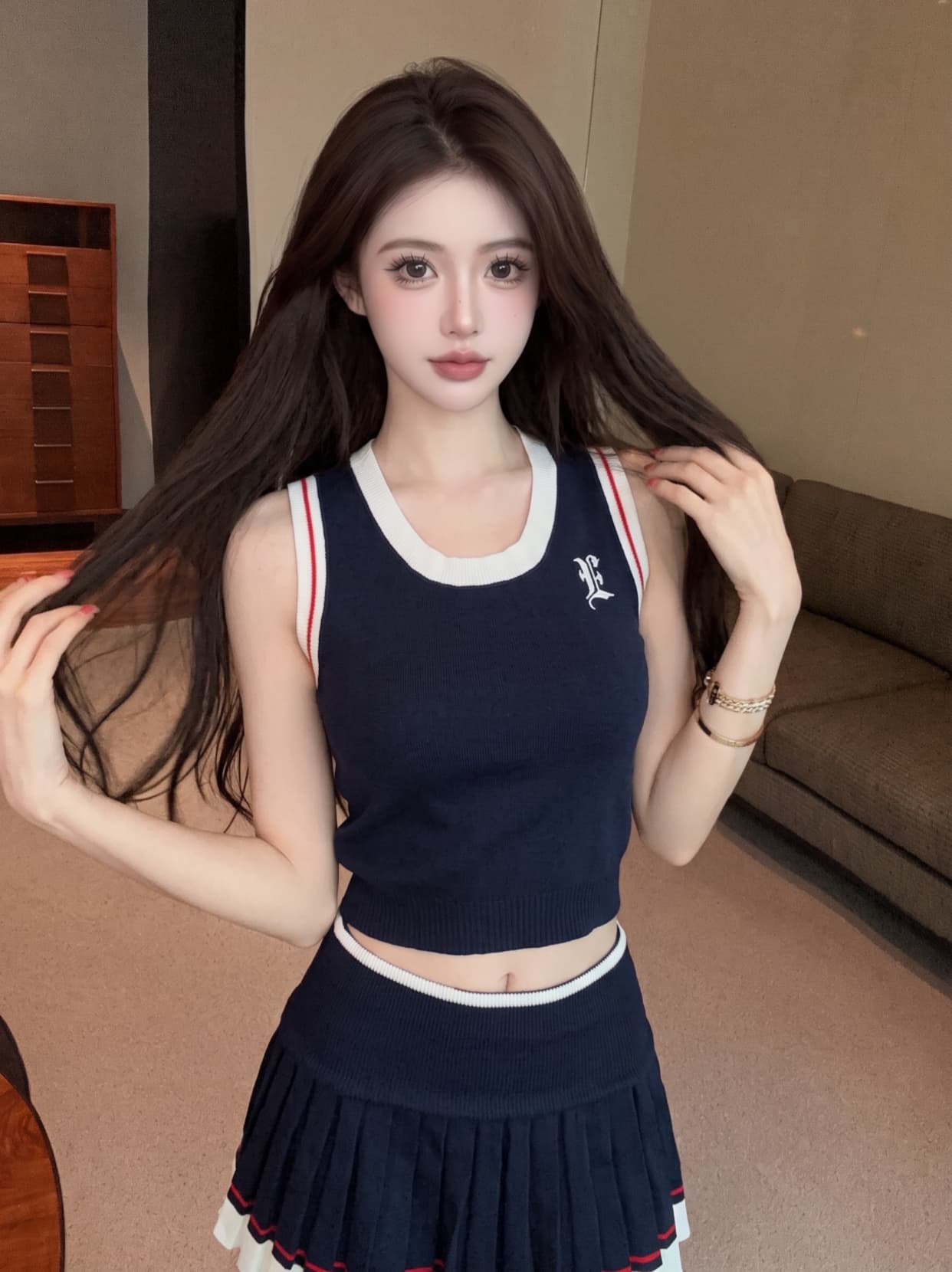 실사 한 부서 학원 스타일 니트 캐미솔 배색 플리츠 반신 스커트 여성 몸매 가꾸기 슬림해 보이는 투피스 슈트 상세 이미지 12