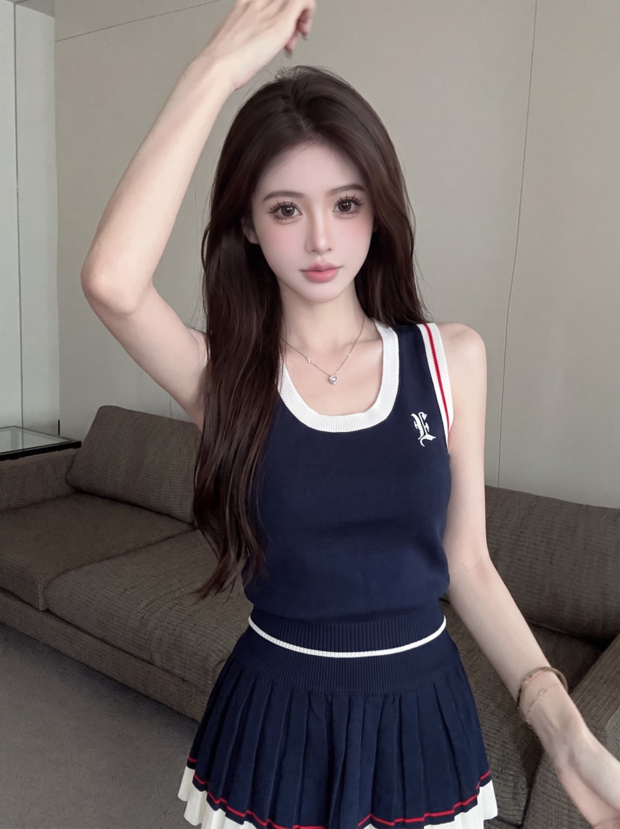 실사 한 부서 학원 스타일 니트 캐미솔 배색 플리츠 반신 스커트 여성 몸매 가꾸기 슬림해 보이는 투피스 슈트 상세 이미지 14