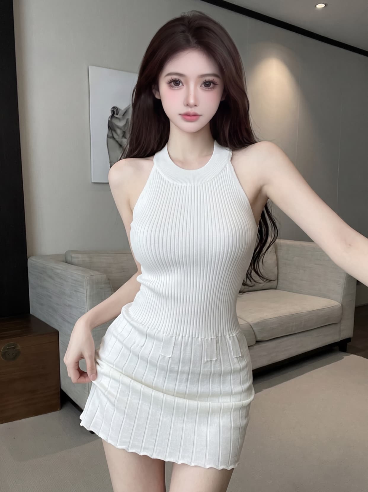 실사 품격 몸매 가꾸기 슬림해 보이는 니트 행침 목 여성 드레스 여름 새로운 니스 절묘한 슬림해 보이는 오프숄더 미니 스커트 상세 이미지 9