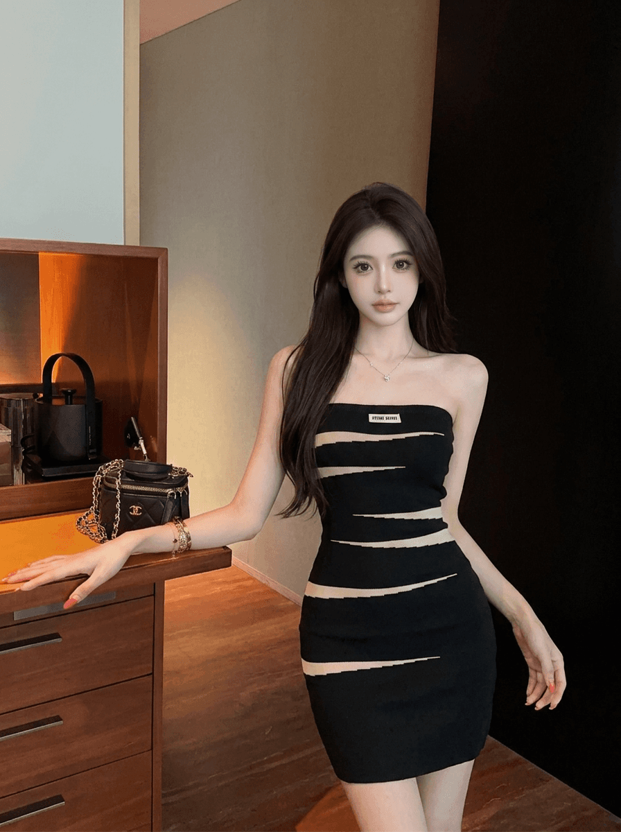 실사 검정색 패치워크 튜브탑 니트 여성 드레스 여름 순수한 욕망 섹시함 핫걸 몸매 가꾸기 슬림해 보이는 타이트 스커트 미니 스커트 상세 이미지 3