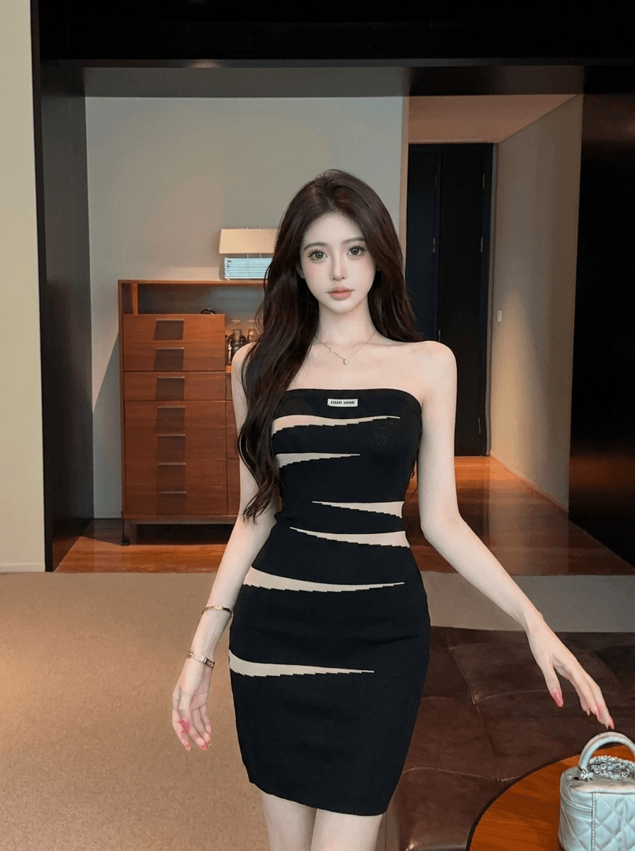 실사 검정색 패치워크 튜브탑 니트 여성 드레스 여름 순수한 욕망 섹시함 핫걸 몸매 가꾸기 슬림해 보이는 타이트 스커트 미니 스커트 상세 이미지 4