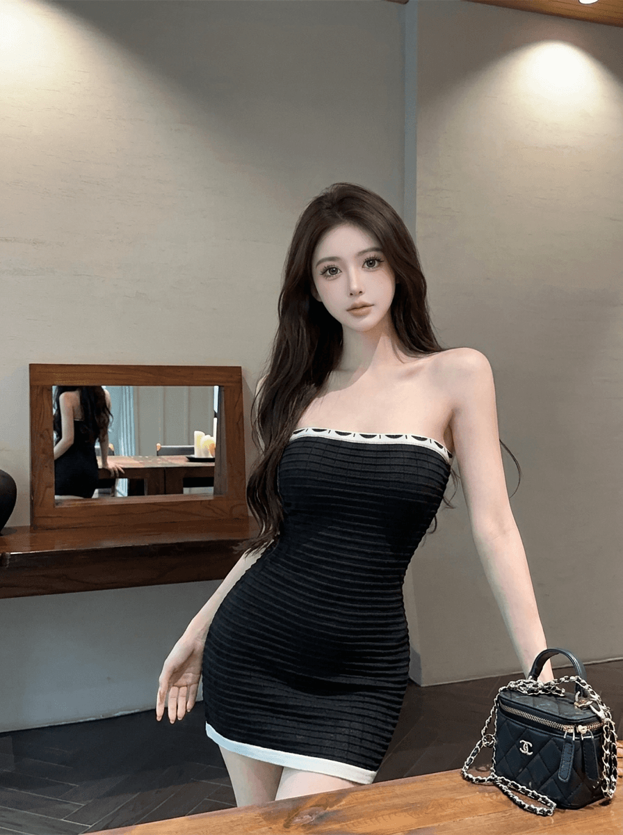 실사 검정색 니트 튜브탑 여성 드레스 여름 샤오시엔 명문 여성 바람 품격 몸매 가꾸기 슬림해 보이는 타이트 스커트 미니 스커트 이미지 3