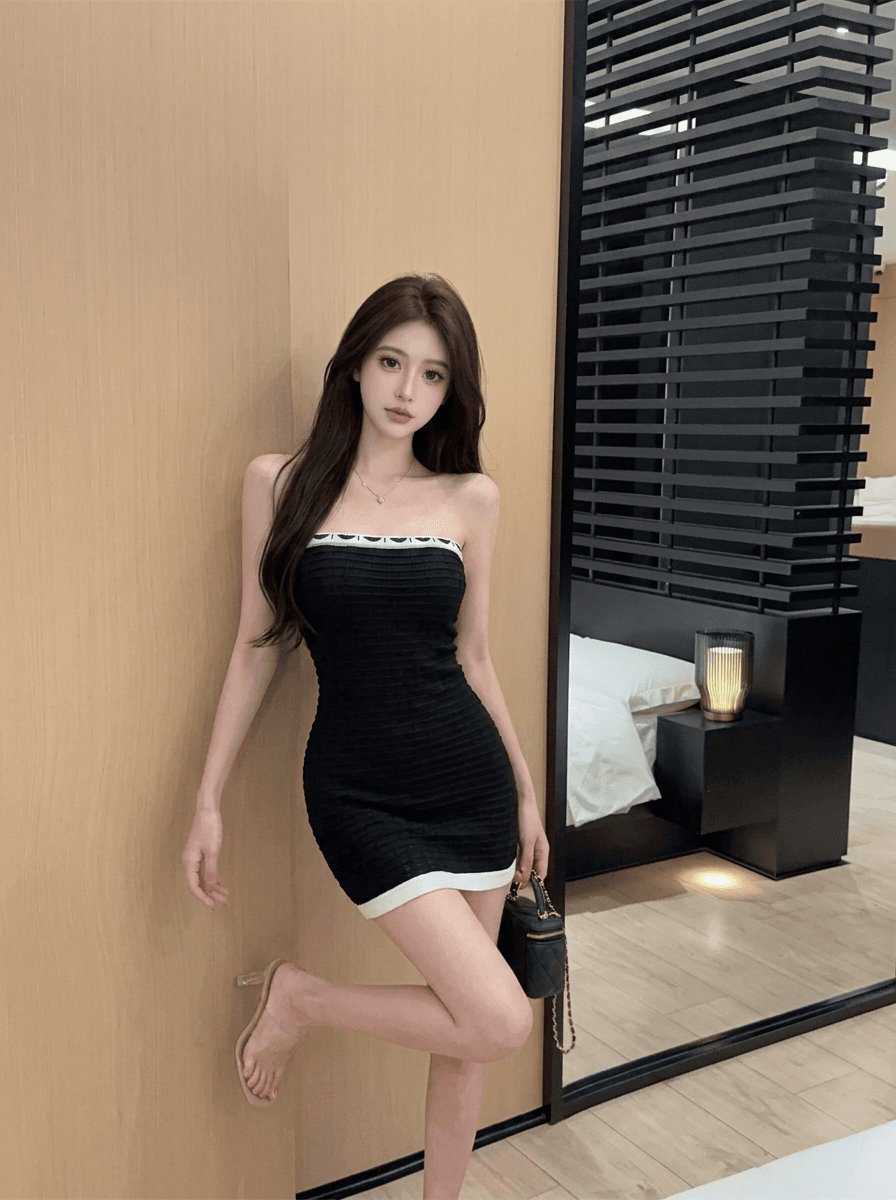 실사 검정색 니트 튜브탑 여성 드레스 여름 샤오시엔 명문 여성 바람 품격 몸매 가꾸기 슬림해 보이는 타이트 스커트 미니 스커트 상세 이미지 1