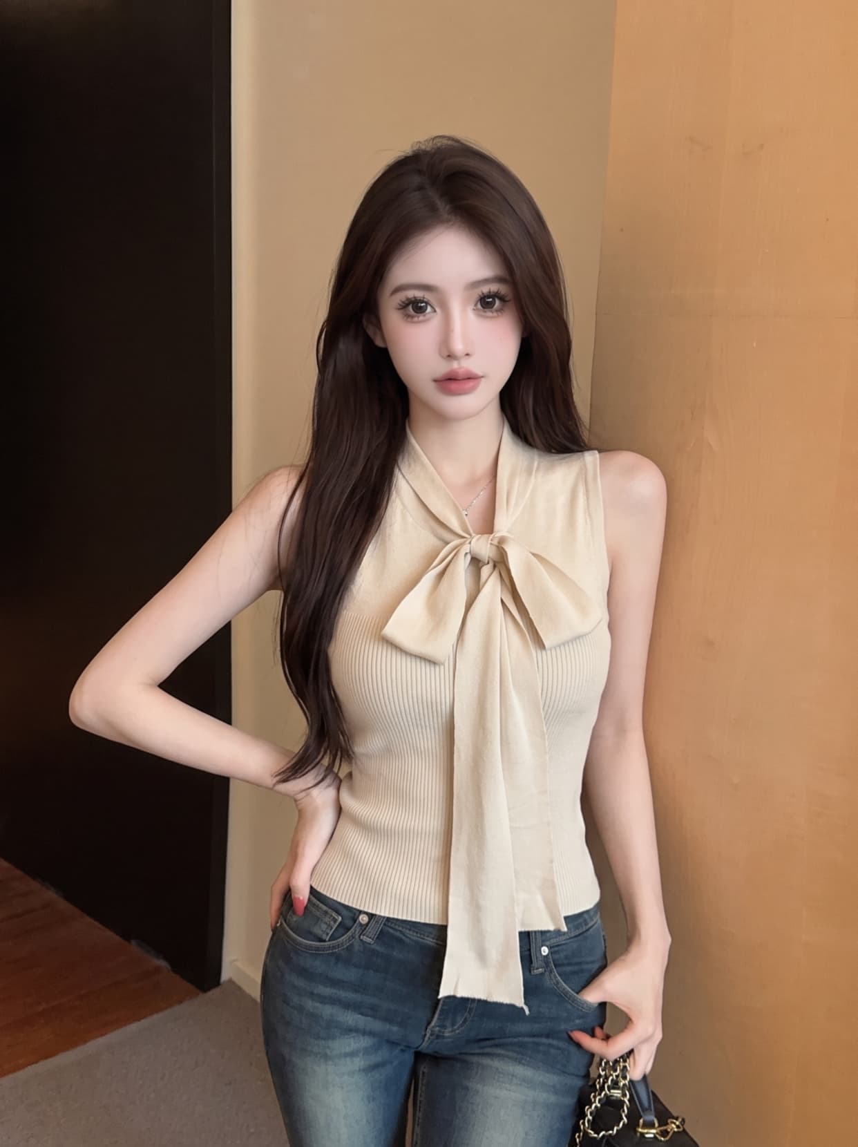 실사 작은 샤넬 스타일 로얄 자매 리본 V넥 민소매 니트 스웨터 여성 여름 몸매 가꾸기 섹시함 핫걸 민소매 맨위 여성 이미지 4