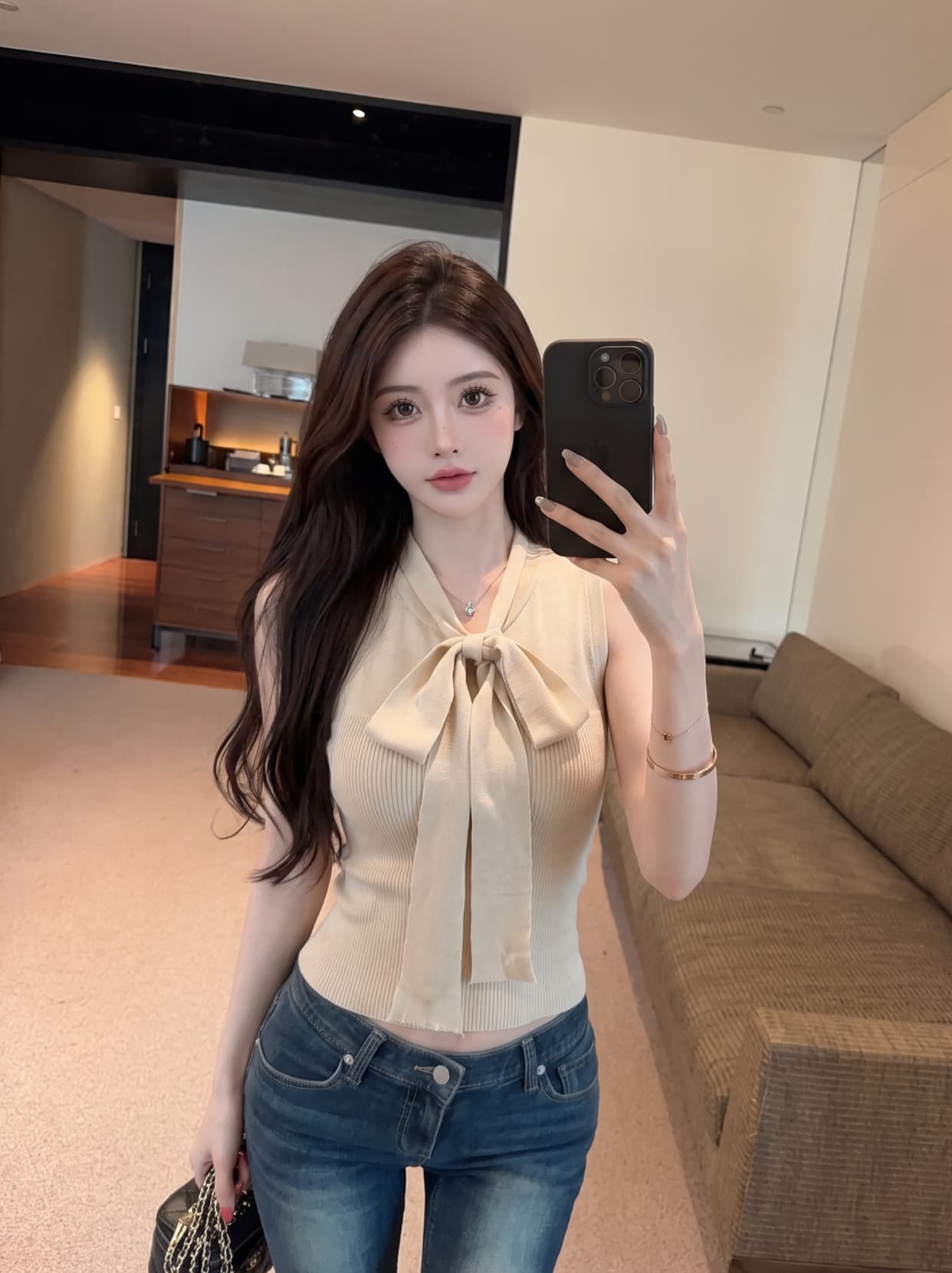 실사 작은 샤넬 스타일 로얄 자매 리본 V넥 민소매 니트 스웨터 여성 여름 몸매 가꾸기 섹시함 핫걸 민소매 맨위 여성 상세 이미지 2