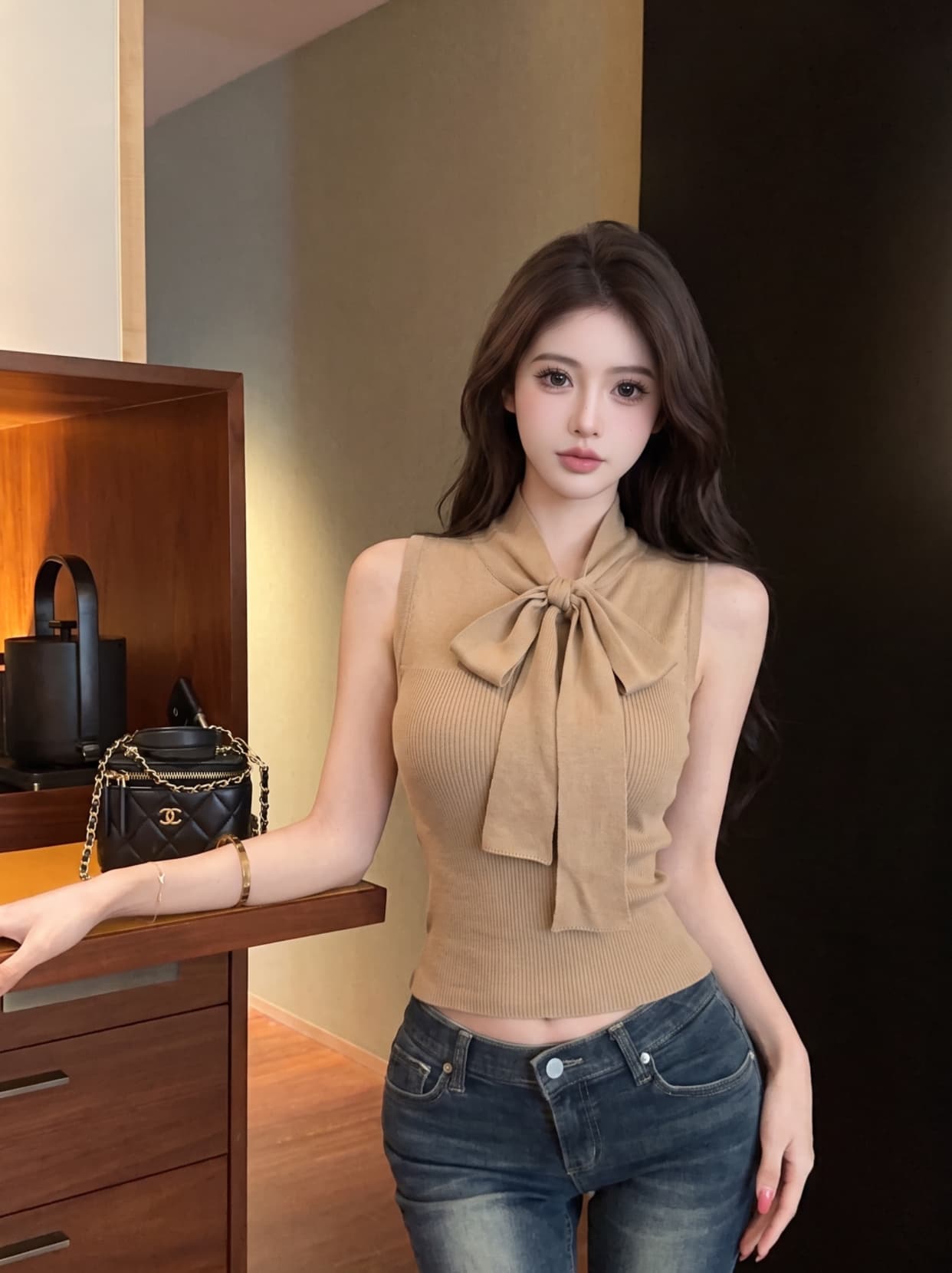 실사 작은 샤넬 스타일 로얄 자매 리본 V넥 민소매 니트 스웨터 여성 여름 몸매 가꾸기 섹시함 핫걸 민소매 맨위 여성 상세 이미지 8