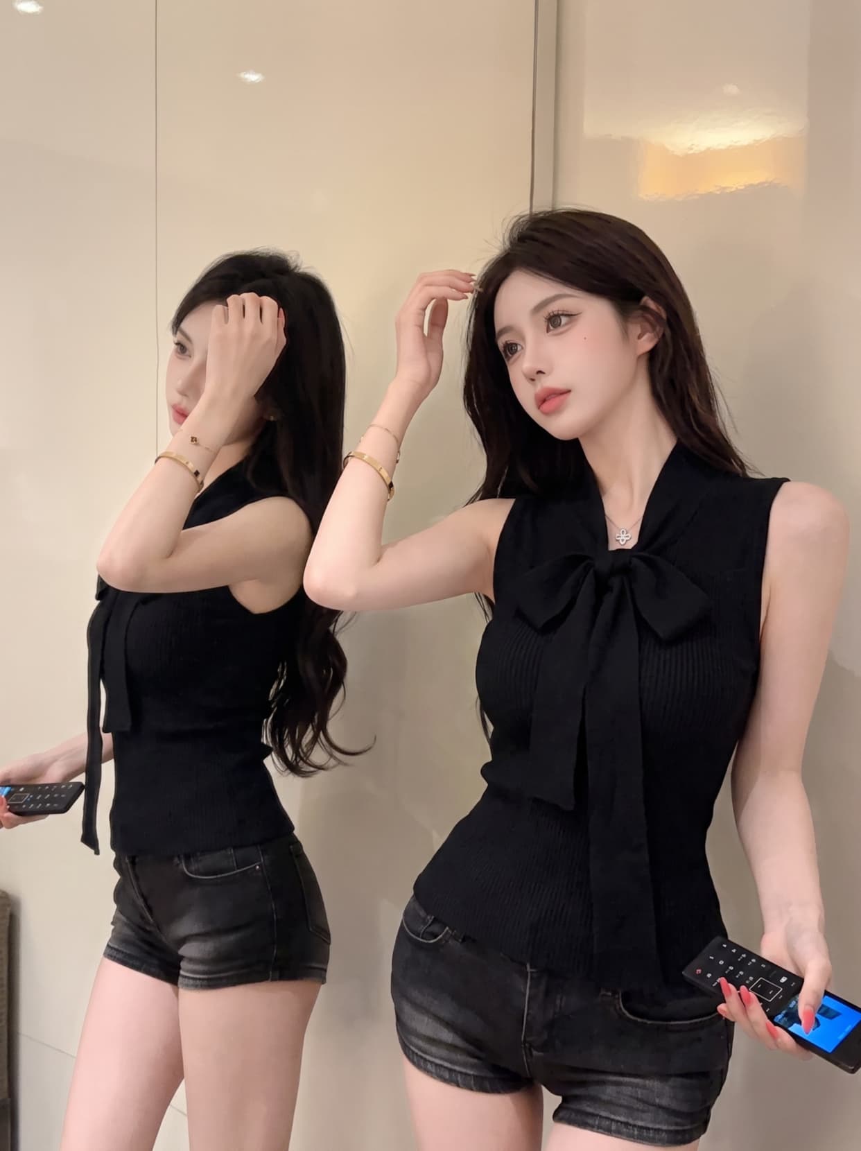 실사 작은 샤넬 스타일 로얄 자매 리본 V넥 민소매 니트 스웨터 여성 여름 몸매 가꾸기 섹시함 핫걸 민소매 맨위 여성 상세 이미지 16