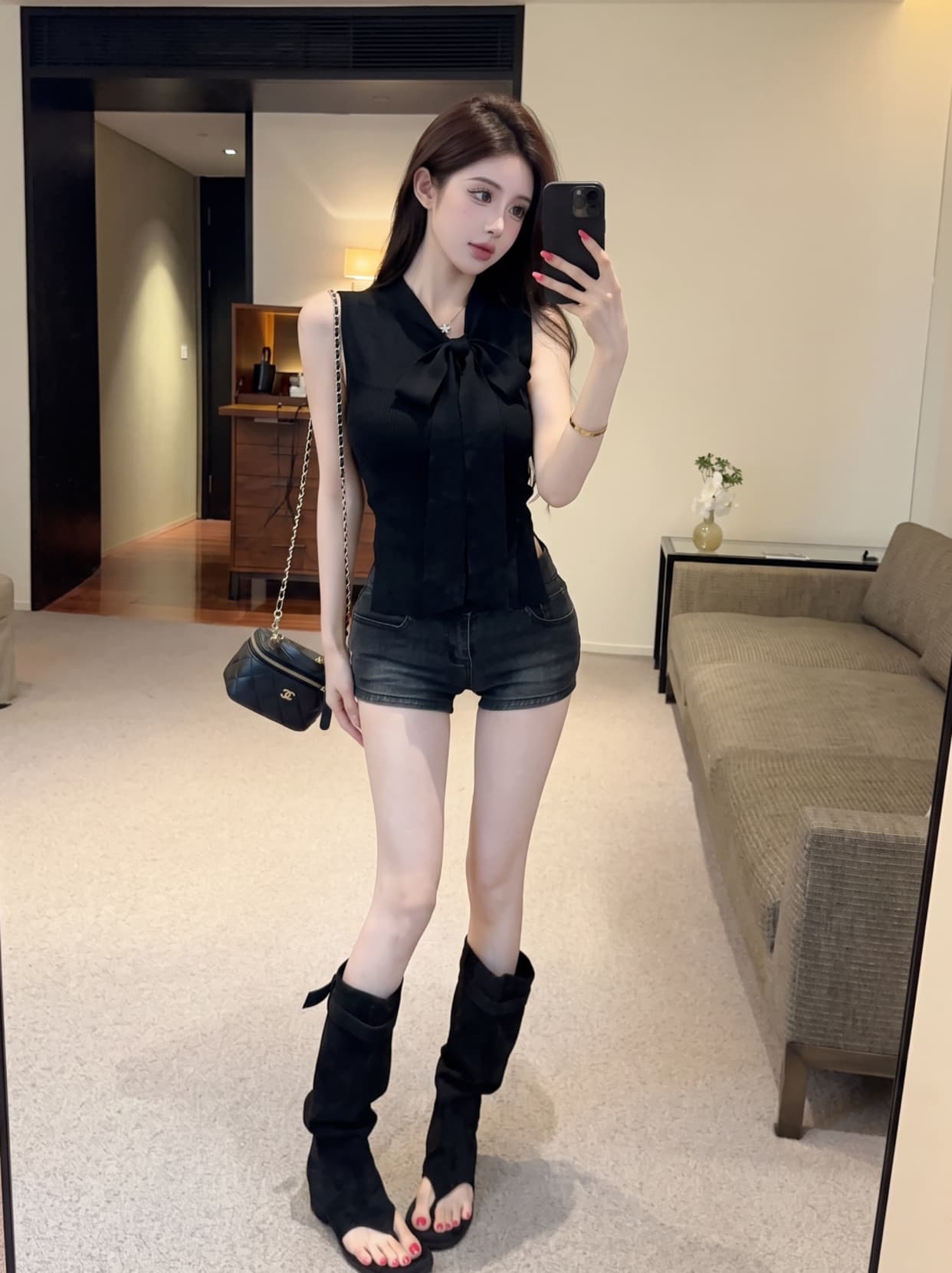 실사 작은 샤넬 스타일 로얄 자매 리본 V넥 민소매 니트 스웨터 여성 여름 몸매 가꾸기 섹시함 핫걸 민소매 맨위 여성 상세 이미지 19