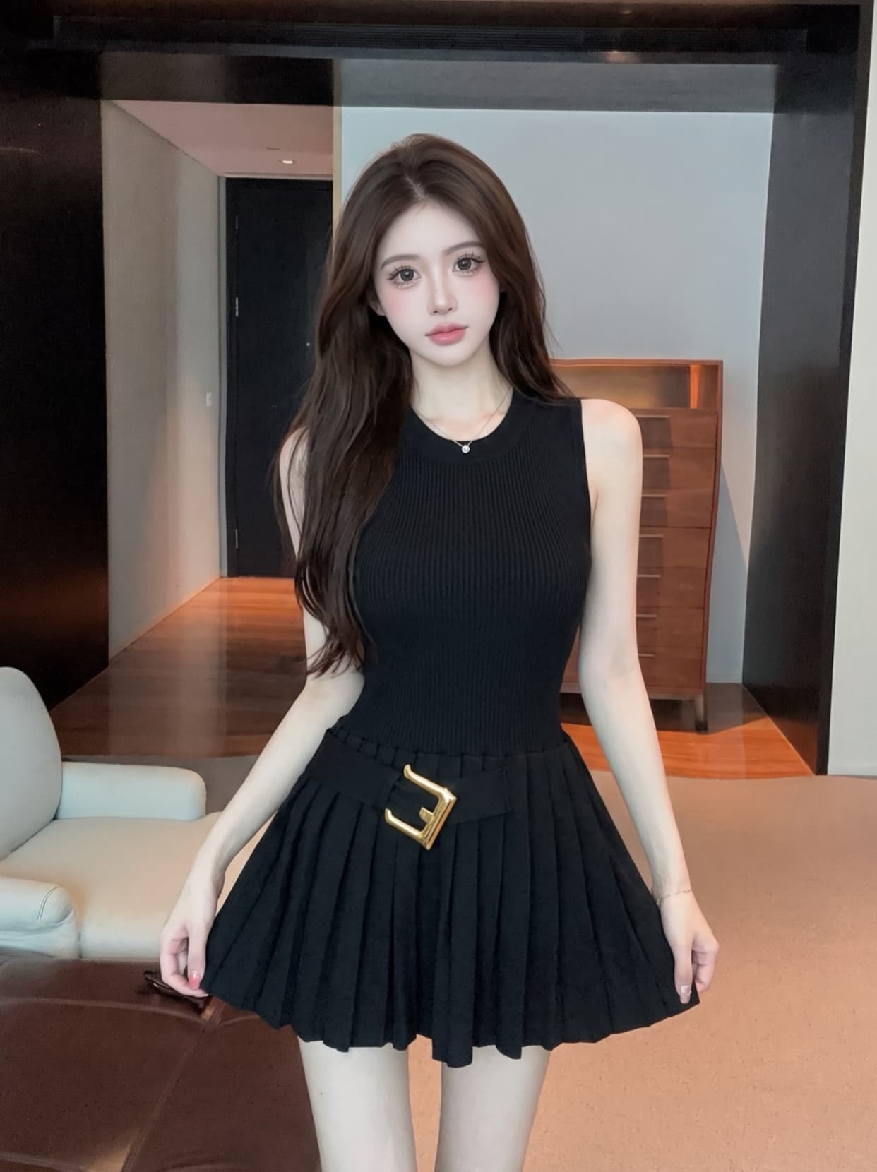 실사 작은 샤넬 스타일 품격 디자인 센스 플리츠 민소매 여성 드레스 여름 허리 수축 슬림해 보이는 라운드 넥 플리츠 미니 스커트 이미지 2
