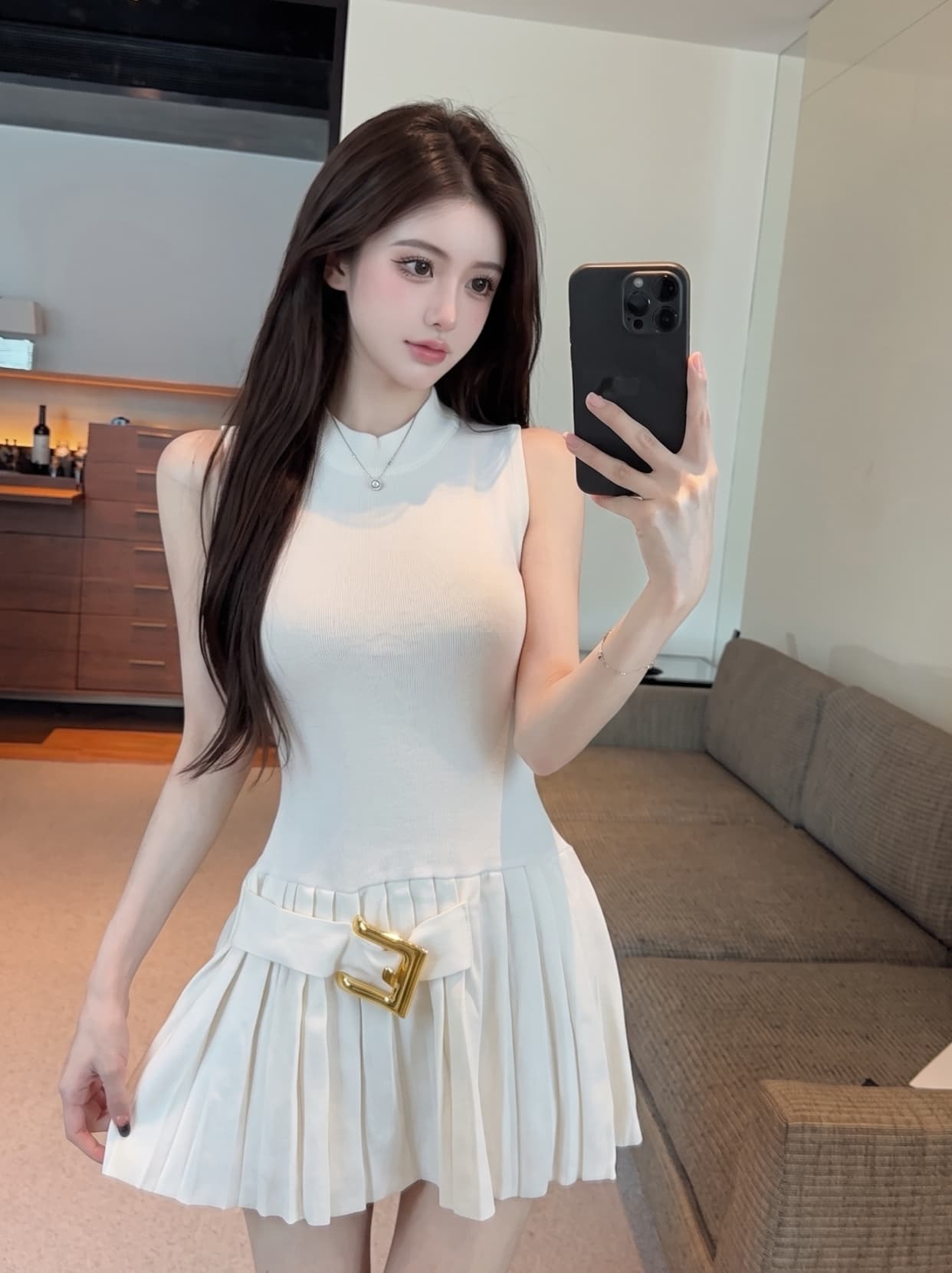 실사 작은 샤넬 스타일 품격 디자인 센스 플리츠 민소매 여성 드레스 여름 허리 수축 슬림해 보이는 라운드 넥 플리츠 미니 스커트 상세 이미지 4