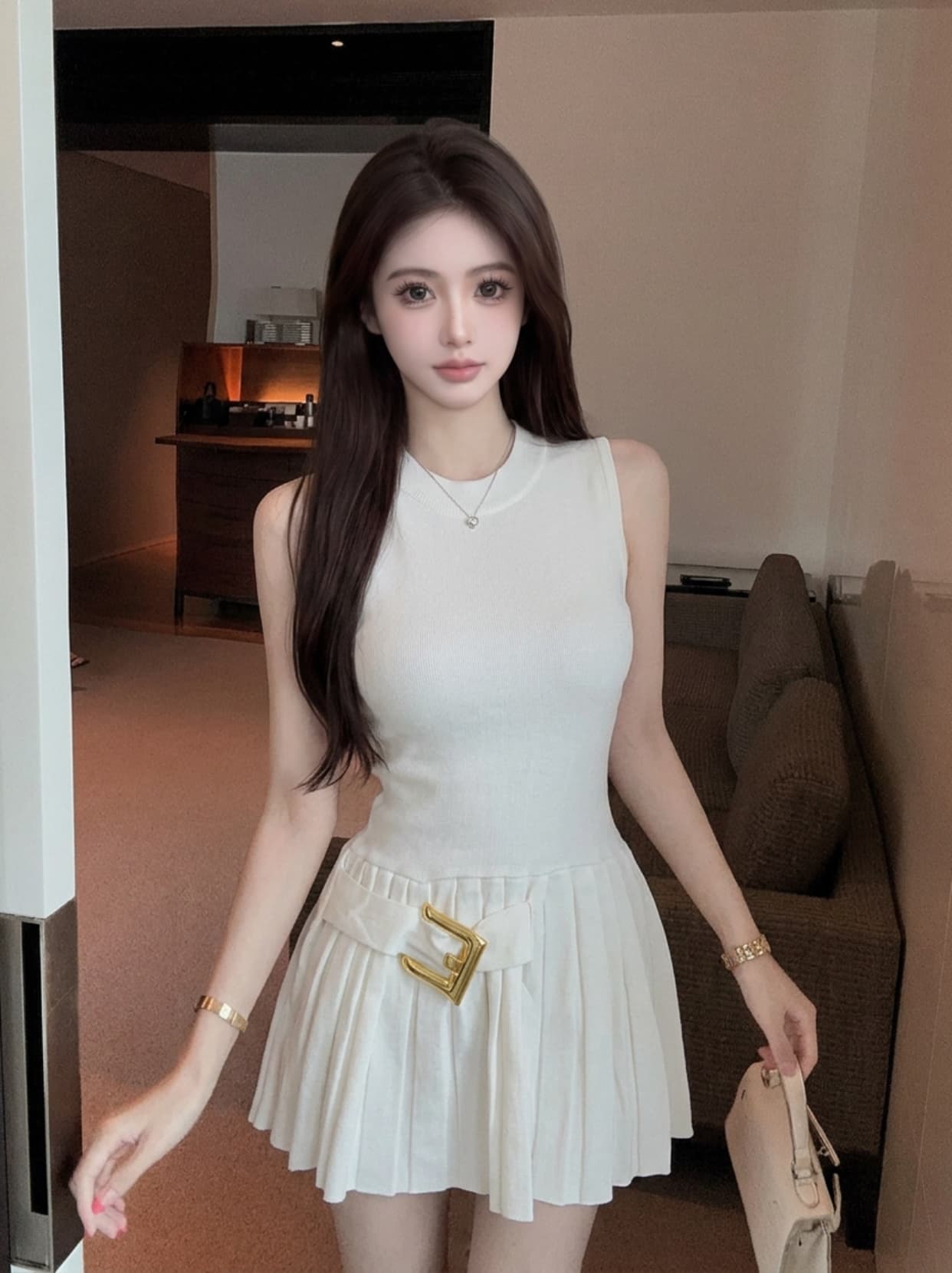 실사 작은 샤넬 스타일 품격 디자인 센스 플리츠 민소매 여성 드레스 여름 허리 수축 슬림해 보이는 라운드 넥 플리츠 미니 스커트 상세 이미지 5
