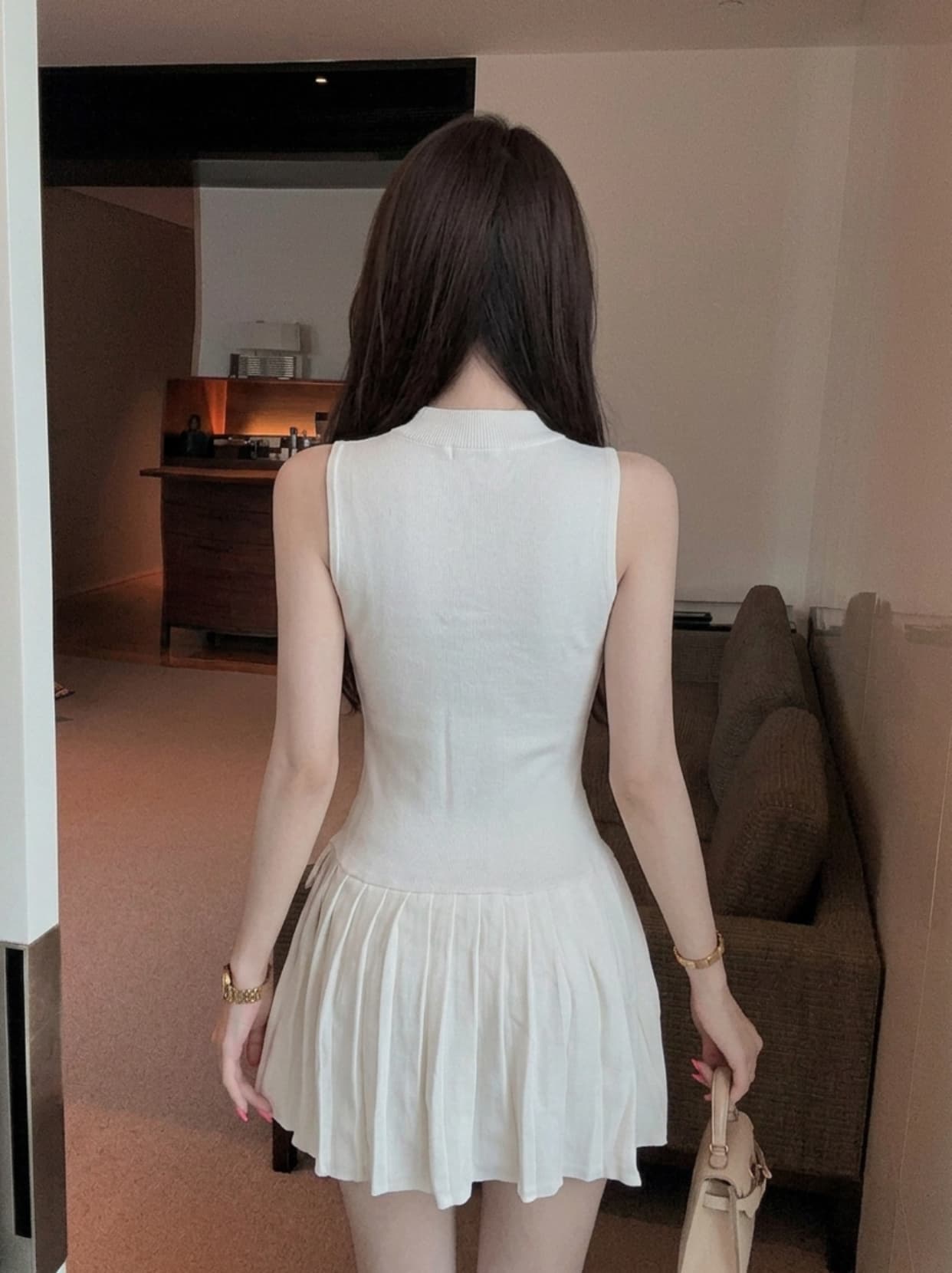 실사 작은 샤넬 스타일 품격 디자인 센스 플리츠 민소매 여성 드레스 여름 허리 수축 슬림해 보이는 라운드 넥 플리츠 미니 스커트 상세 이미지 6