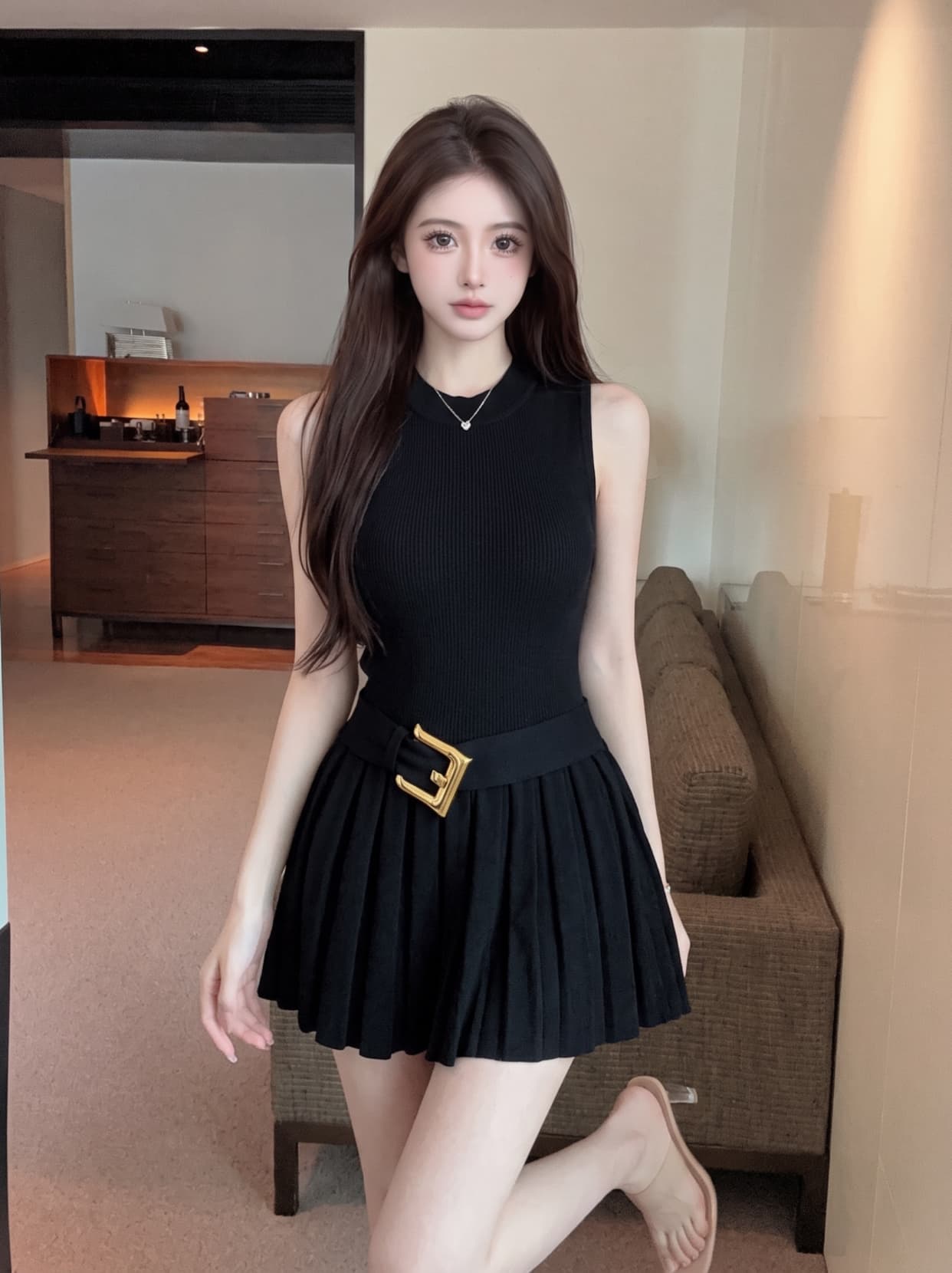 실사 작은 샤넬 스타일 품격 디자인 센스 플리츠 민소매 여성 드레스 여름 허리 수축 슬림해 보이는 라운드 넥 플리츠 미니 스커트 상세 이미지 8