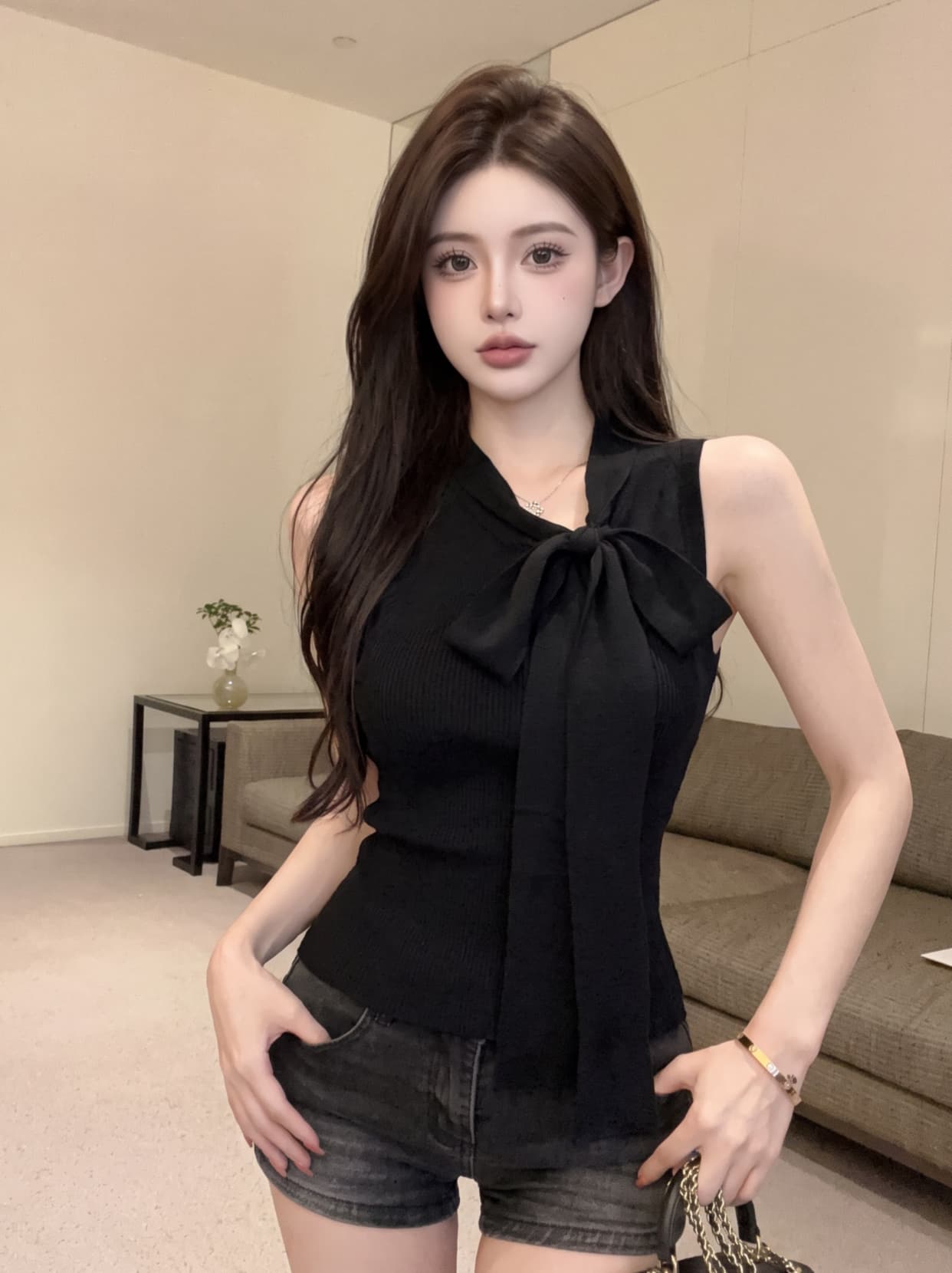 실사 작은 샤넬 스타일 로얄 자매 리본 V넥 민소매 니트 스웨터 여성 여름 몸매 가꾸기 섹시함 핫걸 민소매 맨위 여성 이미지 3