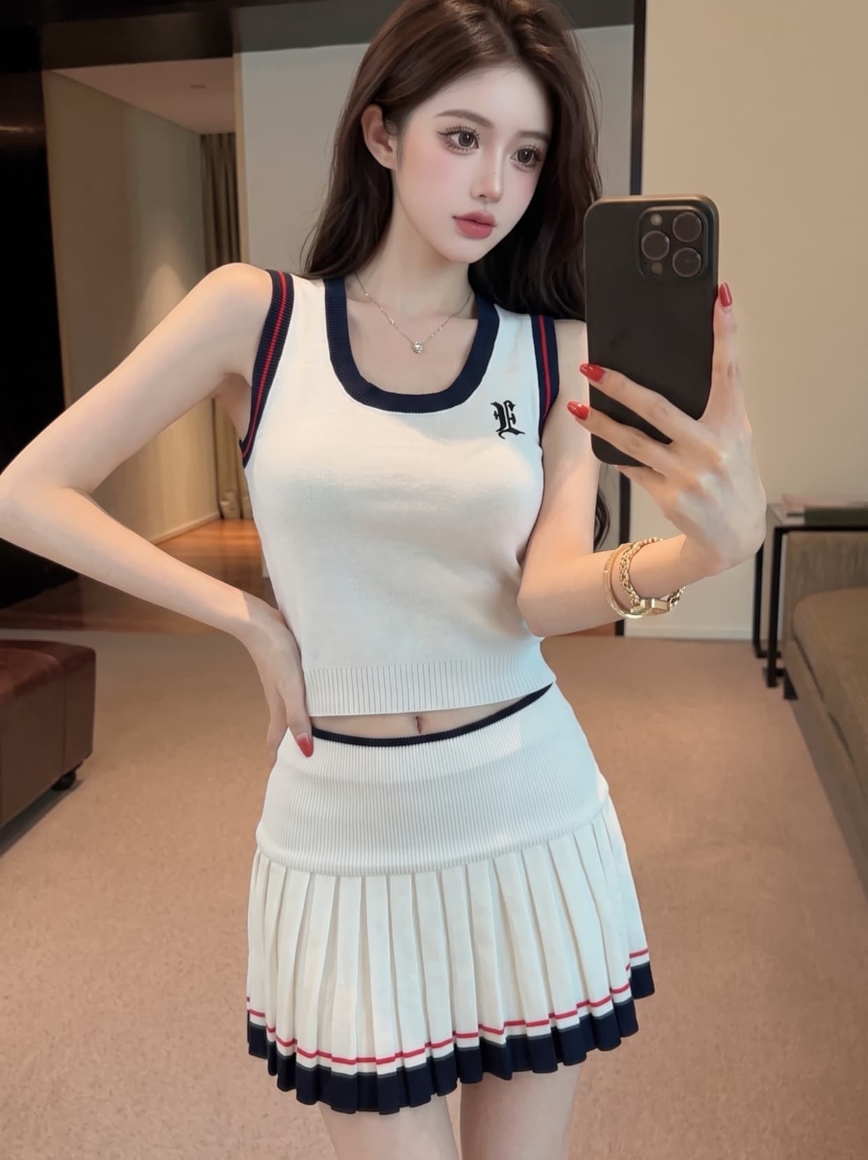 실사 한 부서 학원 스타일 니트 캐미솔 배색 플리츠 반신 스커트 여성 몸매 가꾸기 슬림해 보이는 투피스 슈트 이미지 3