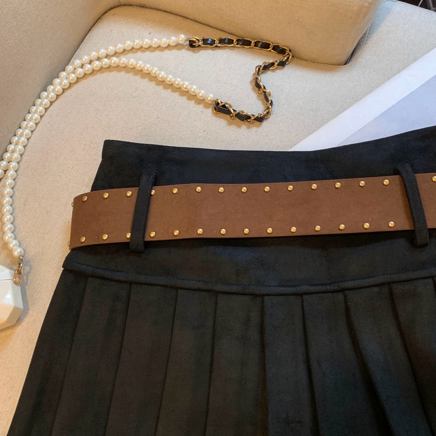 실사 가을 겨울 새로운 아메리칸 레트로 핫걸 바람 징 장식 하이웨이스트 한 마디 플리츠 미니 스커트 벨트 포함 여성 상세 이미지 19